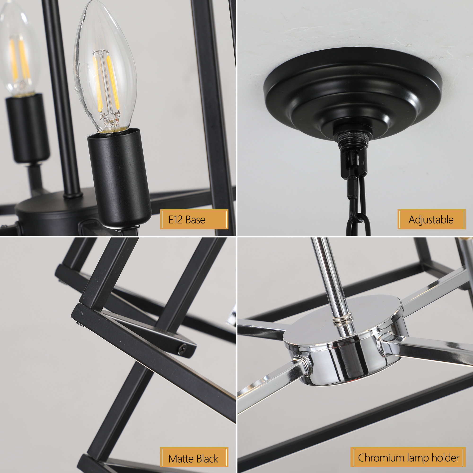 Anmytek 8 Light Modern Geometric Pendant Light Matte Black Chrome Foyer Chandelier Adjustable Height for Kitchen Island Dining Room Farmhouse Living Room High Ceilings