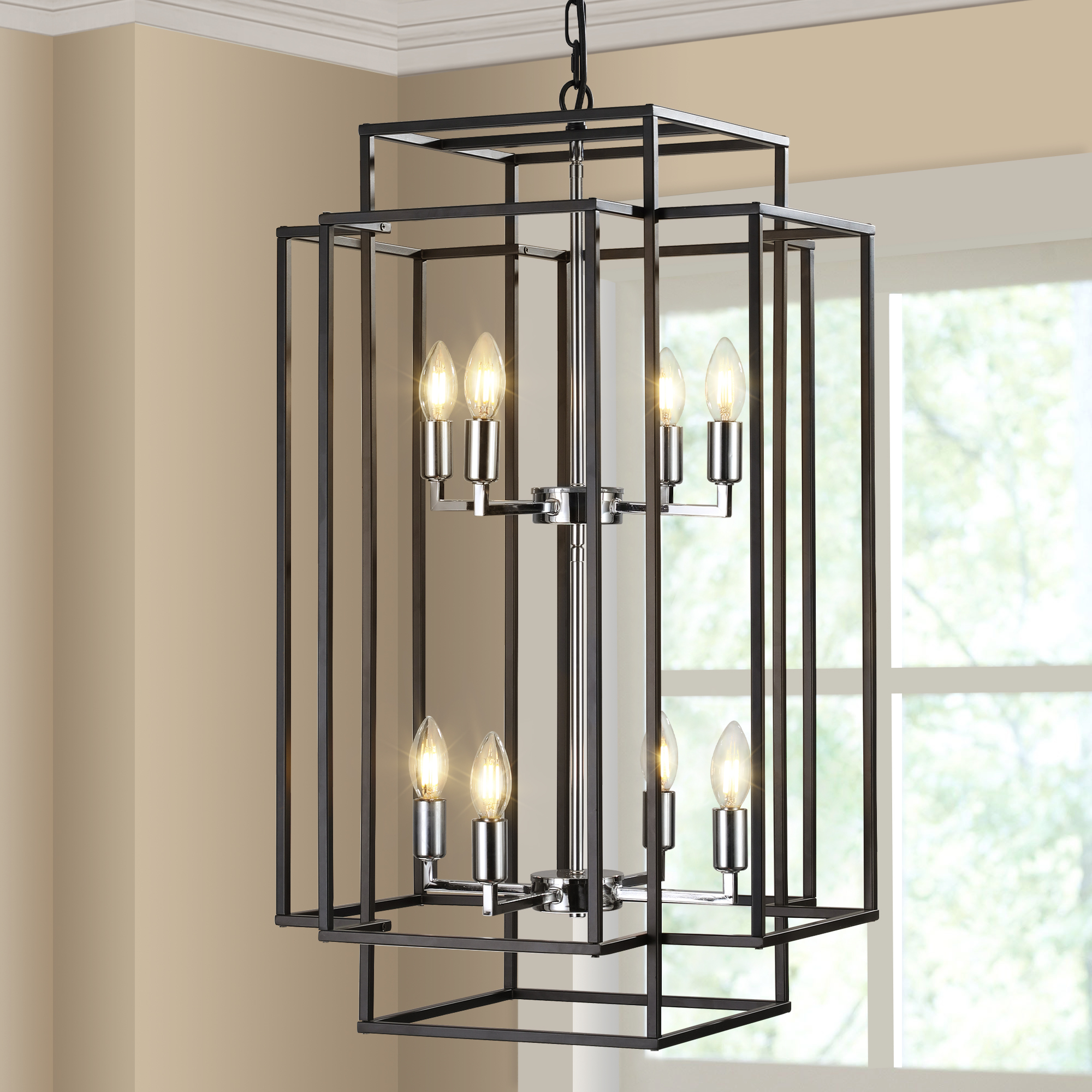 Anmytek 8 Light Modern Geometric Pendant Light Matte Black Chrome Foyer Chandelier Adjustable Height for Kitchen Island Dining Room Farmhouse Living Room High Ceilings