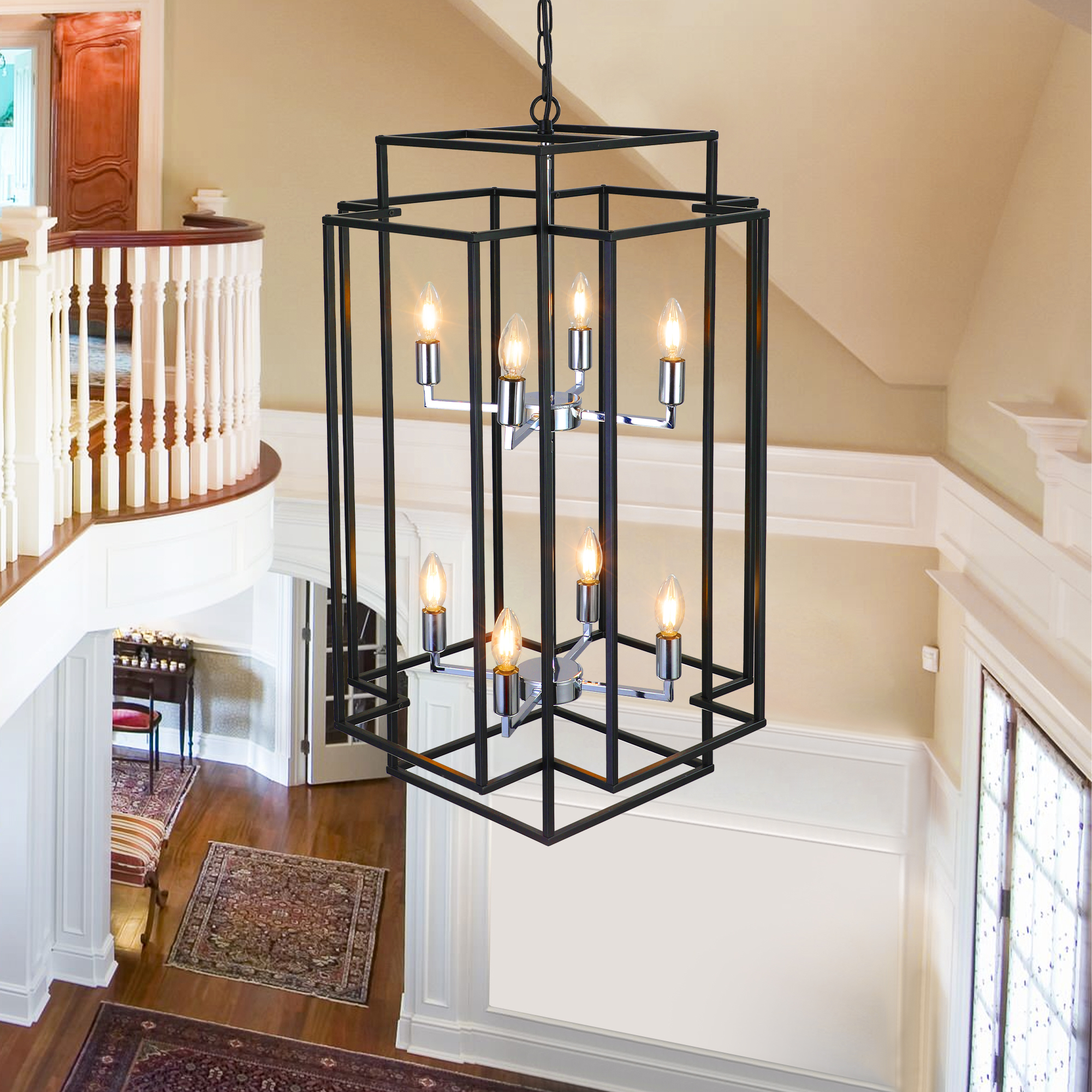 Anmytek 8 Light Modern Geometric Pendant Light Matte Black Chrome Foyer Chandelier Adjustable Height for Kitchen Island Dining Room Farmhouse Living Room High Ceilings