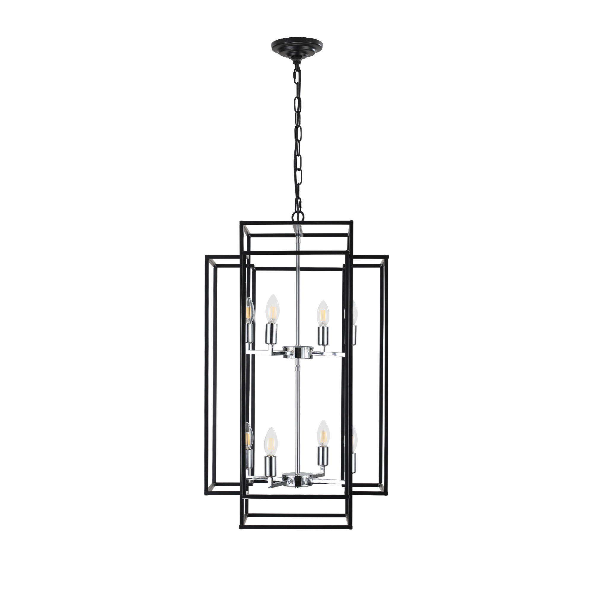 Anmytek 8 Light Modern Geometric Pendant Light Matte Black Chrome Foyer Chandelier Adjustable Height for Kitchen Island Dining Room Farmhouse Living Room High Ceilings