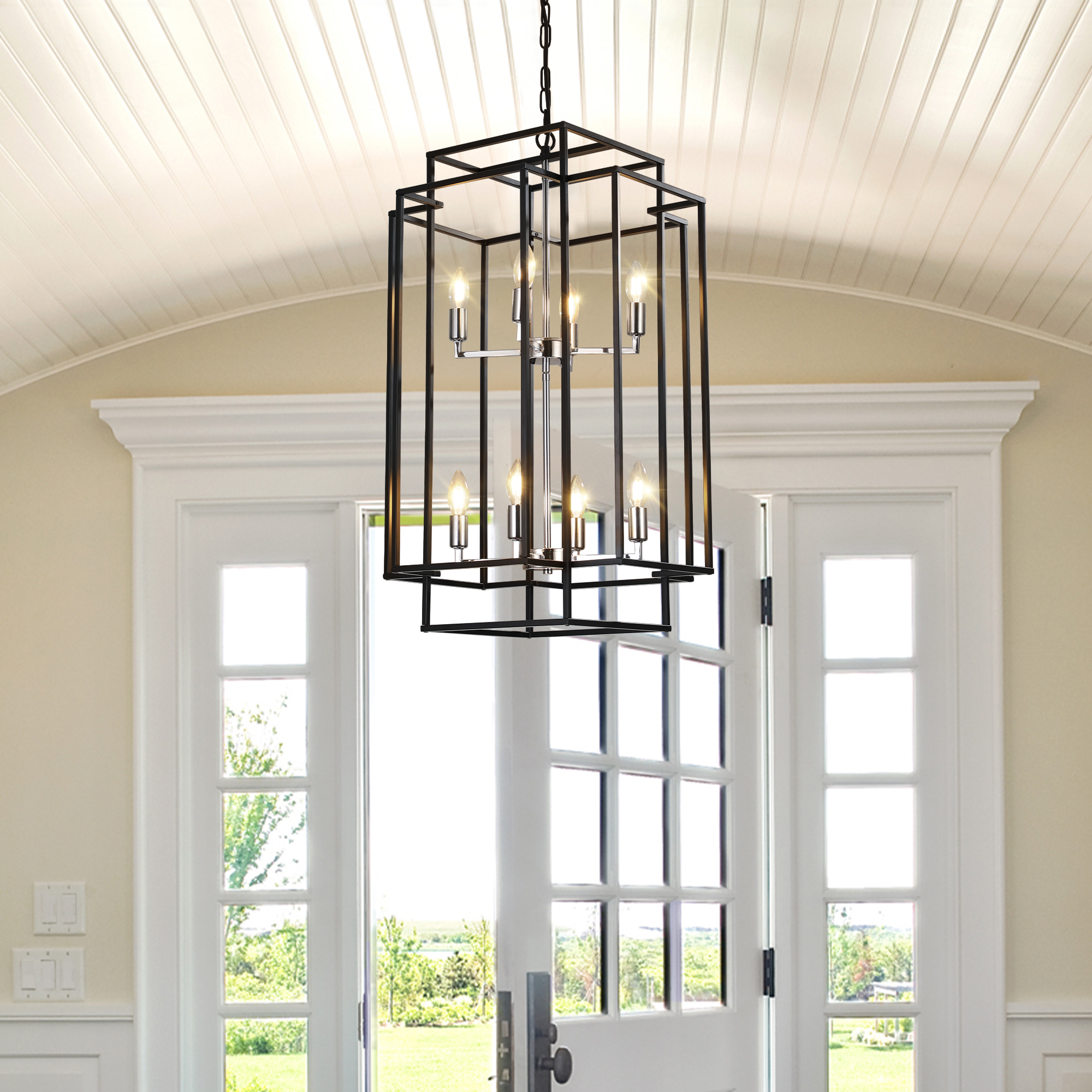 Anmytek 8 Light Modern Geometric Pendant Light Matte Black Chrome Foyer Chandelier Adjustable Height for Kitchen Island Dining Room Farmhouse Living Room High Ceilings