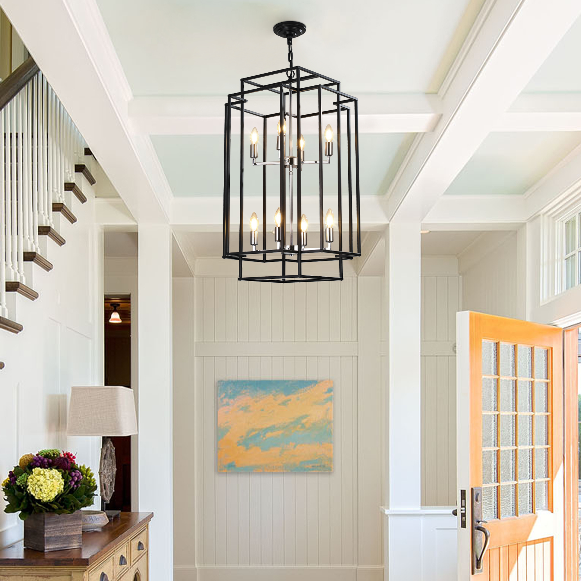 Anmytek 8 Light Modern Geometric Pendant Light Matte Black Chrome Foyer Chandelier Adjustable Height for Kitchen Island Dining Room Farmhouse Living Room High Ceilings