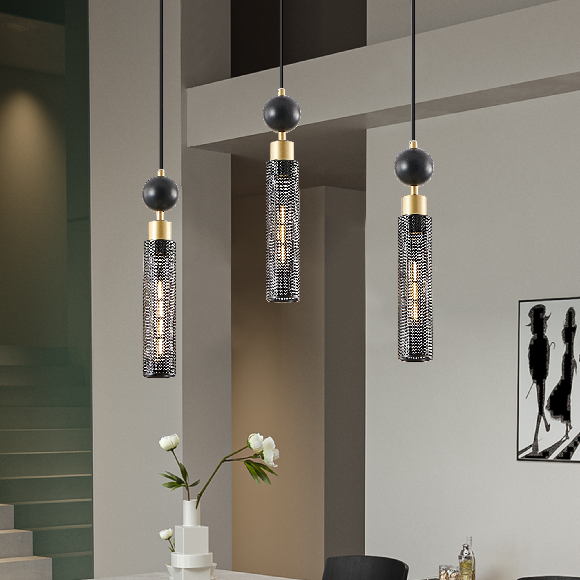 Anmytek 3 Light Modern Black and Gold Pendant Chandelier Adjustable Hanging Light with Cylindrical Mesh Shades E26 Base for Dining Room Kitchen Island Living Room Bulbs Not Included