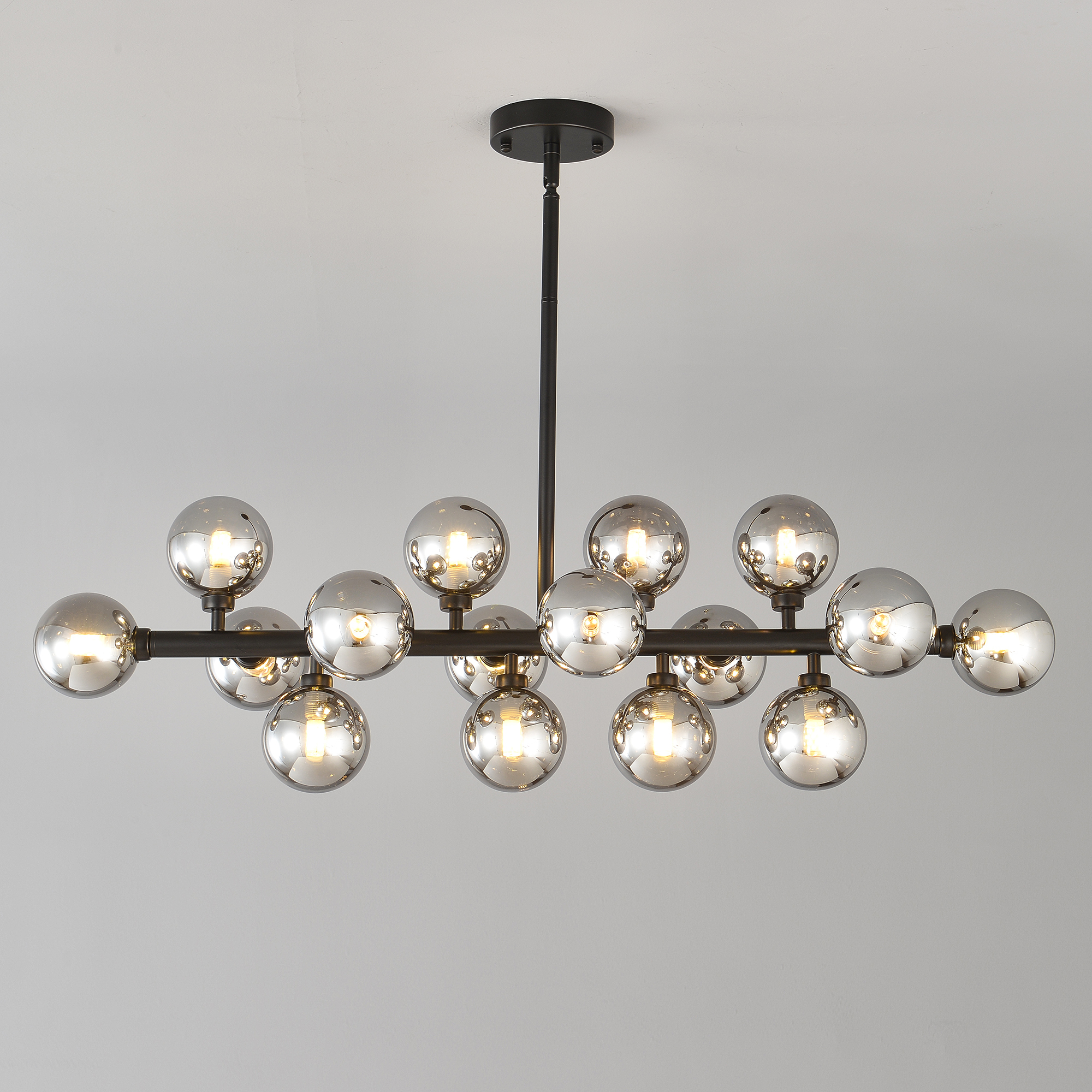 Anmytek 16 Light Modern Farmhouse Pendant Light Matte Black Smoke Grey Glass Shade Ceiling Hanging Fixture for Dining Room Kitchen Island Bulbs Not Included