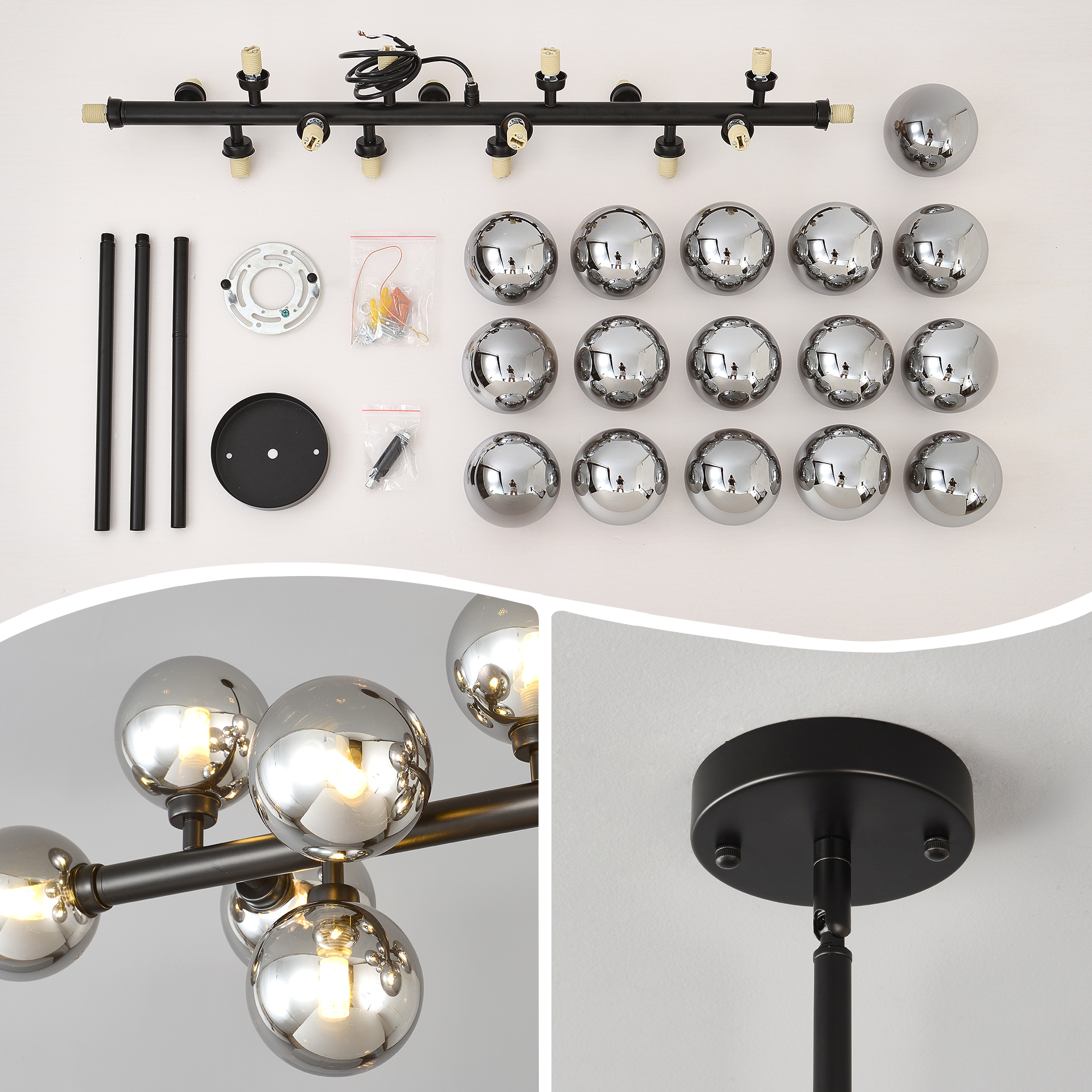 Anmytek 16 Light Modern Farmhouse Pendant Light Matte Black Smoke Grey Glass Shade Ceiling Hanging Fixture for Dining Room Kitchen Island Bulbs Not Included