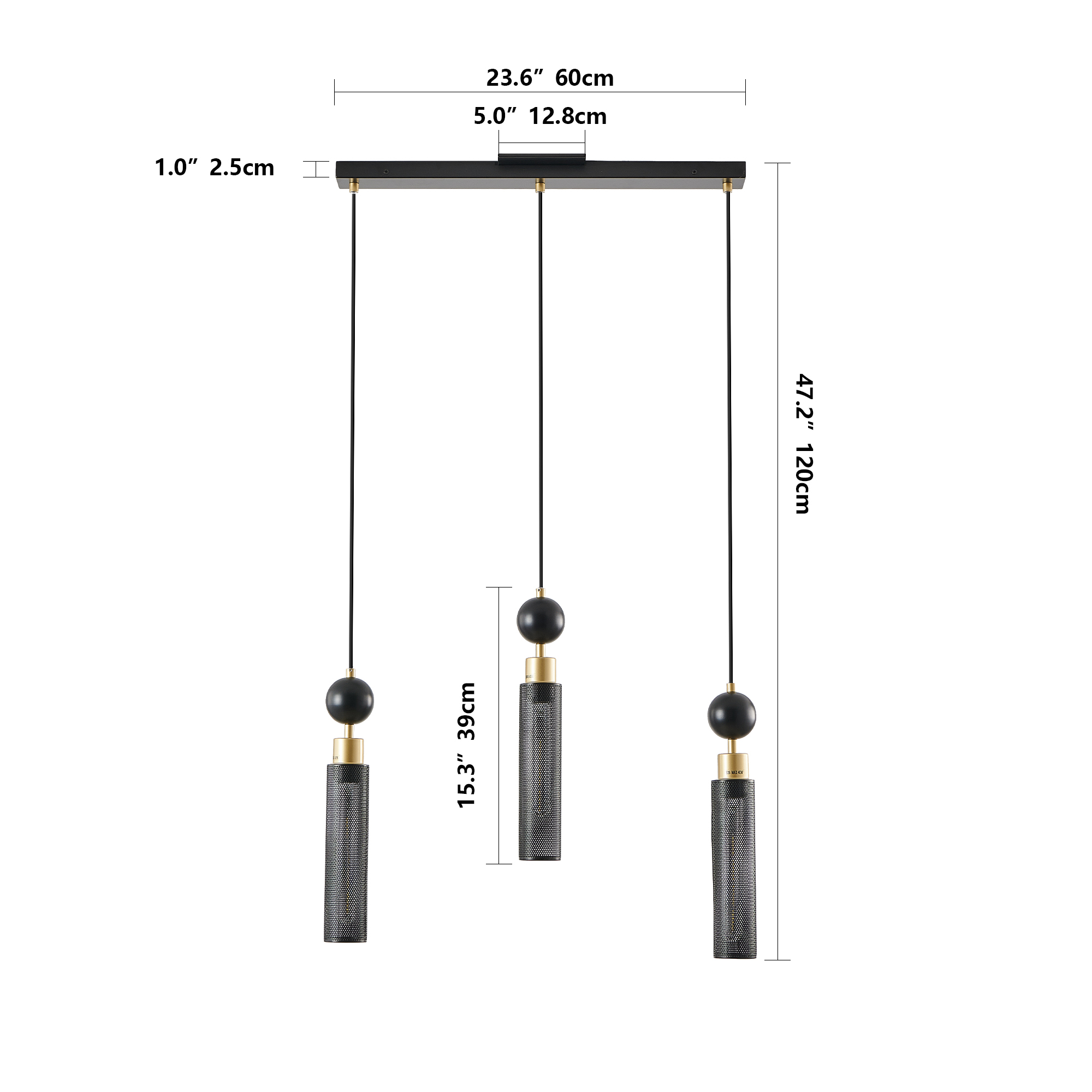 Anmytek 3 Light Modern Black and Gold Pendant Chandelier Adjustable Hanging Light with Cylindrical Mesh Shades E26 Base for Dining Room Kitchen Island Living Room Bulbs Not Included