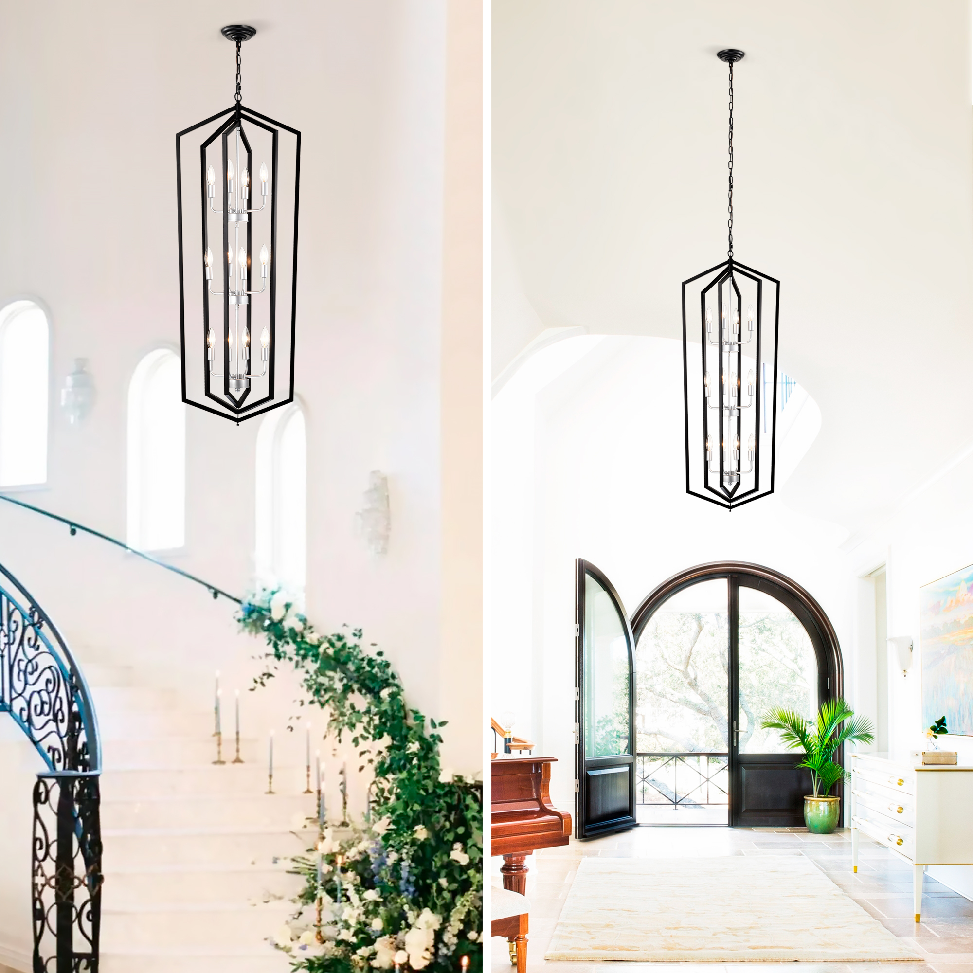 Anmytek 12 Light Farmhouse Cage Chandelier Matte Black Silver Vintage Rustic Adjustable Height Ceiling Light Fixture for Dining Room Hallway Foyer Entryway E12 Bulbs Not Included