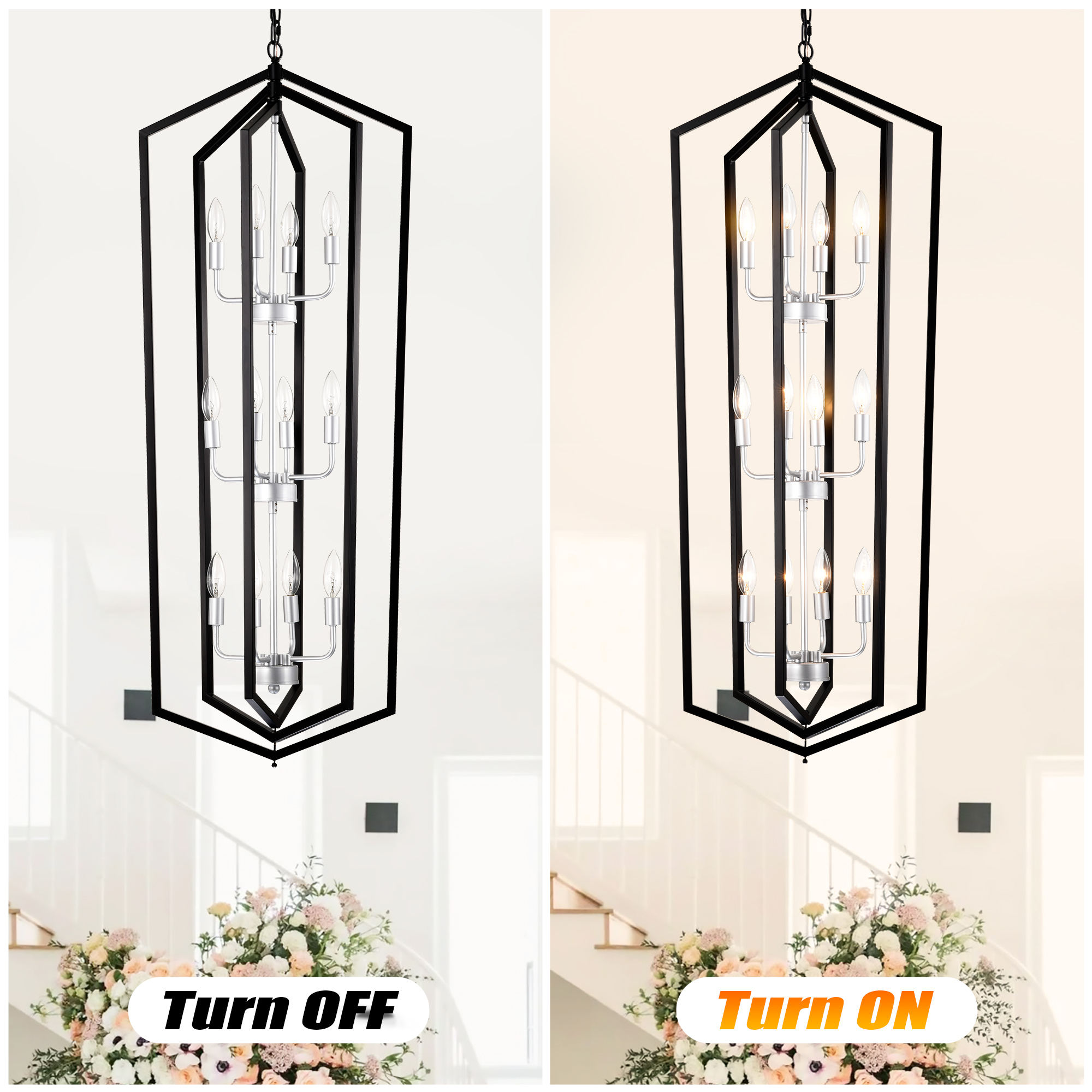 Anmytek 12 Light Farmhouse Cage Chandelier Matte Black Silver Vintage Rustic Adjustable Height Ceiling Light Fixture for Dining Room Hallway Foyer Entryway E12 Bulbs Not Included