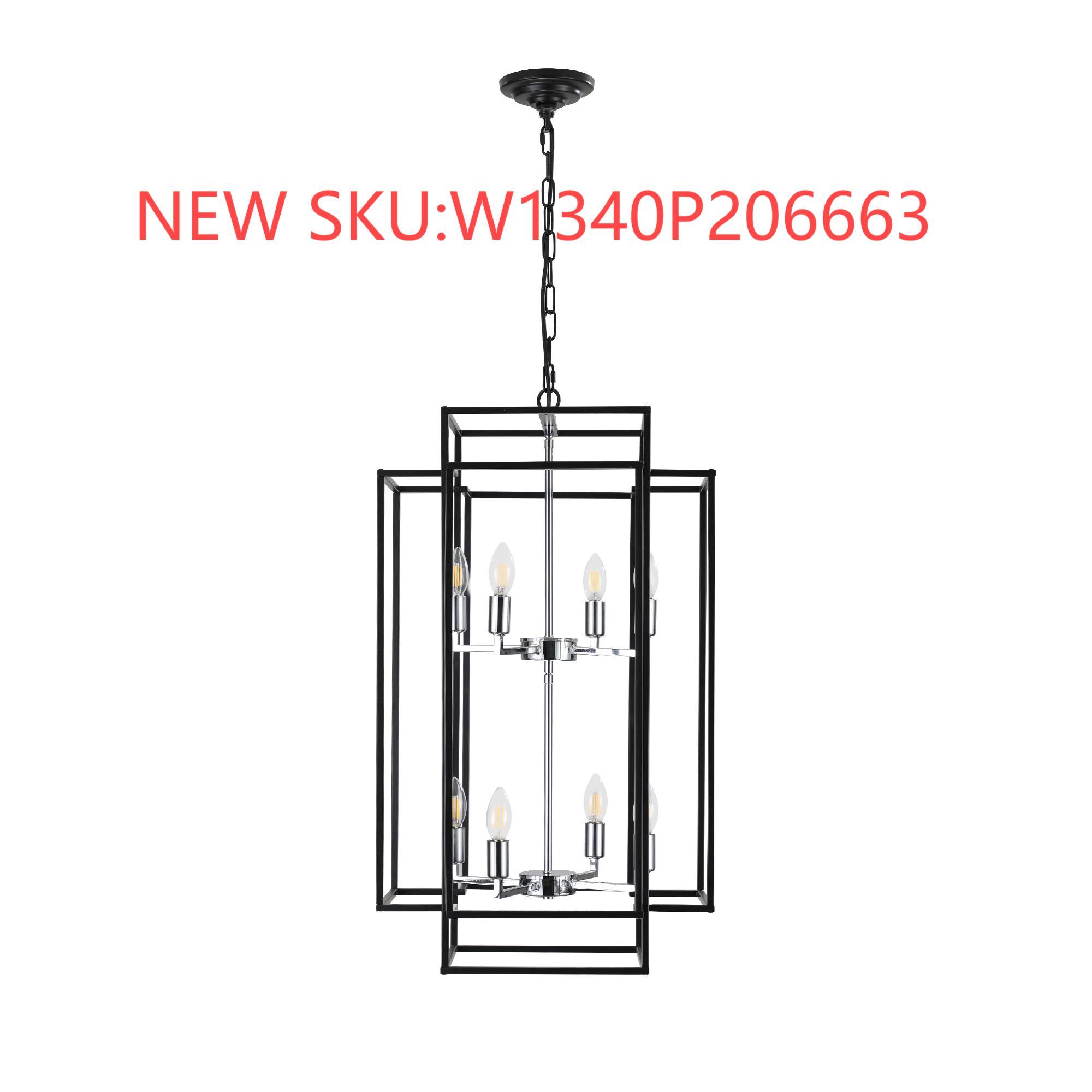 Anmytek 8 Light Modern Geometric Pendant Light Matte Black Chrome Foyer Chandelier Adjustable Height for Kitchen Island Dining Room Farmhouse Living Room High Ceilings