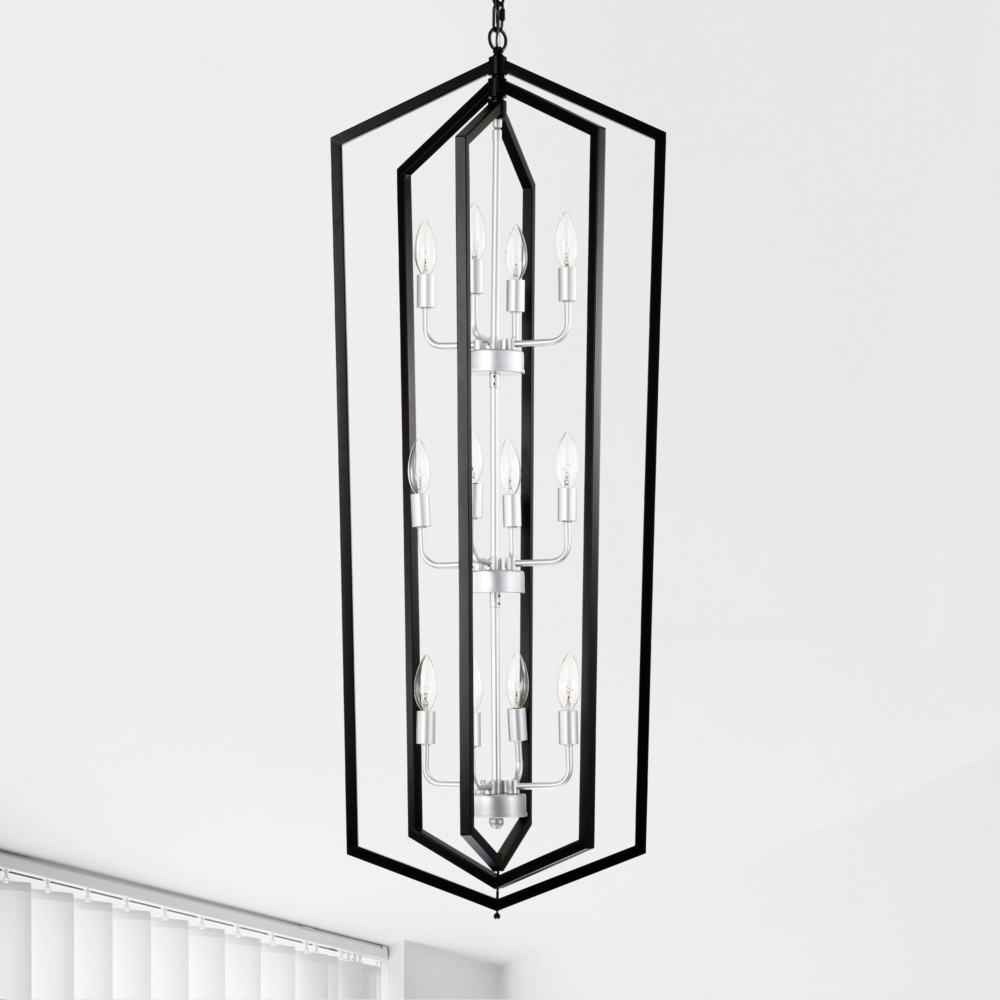 Anmytek 12 Light Farmhouse Cage Chandelier Matte Black Silver Vintage Rustic Adjustable Height Ceiling Light Fixture for Dining Room Hallway Foyer Entryway E12 Bulbs Not Included