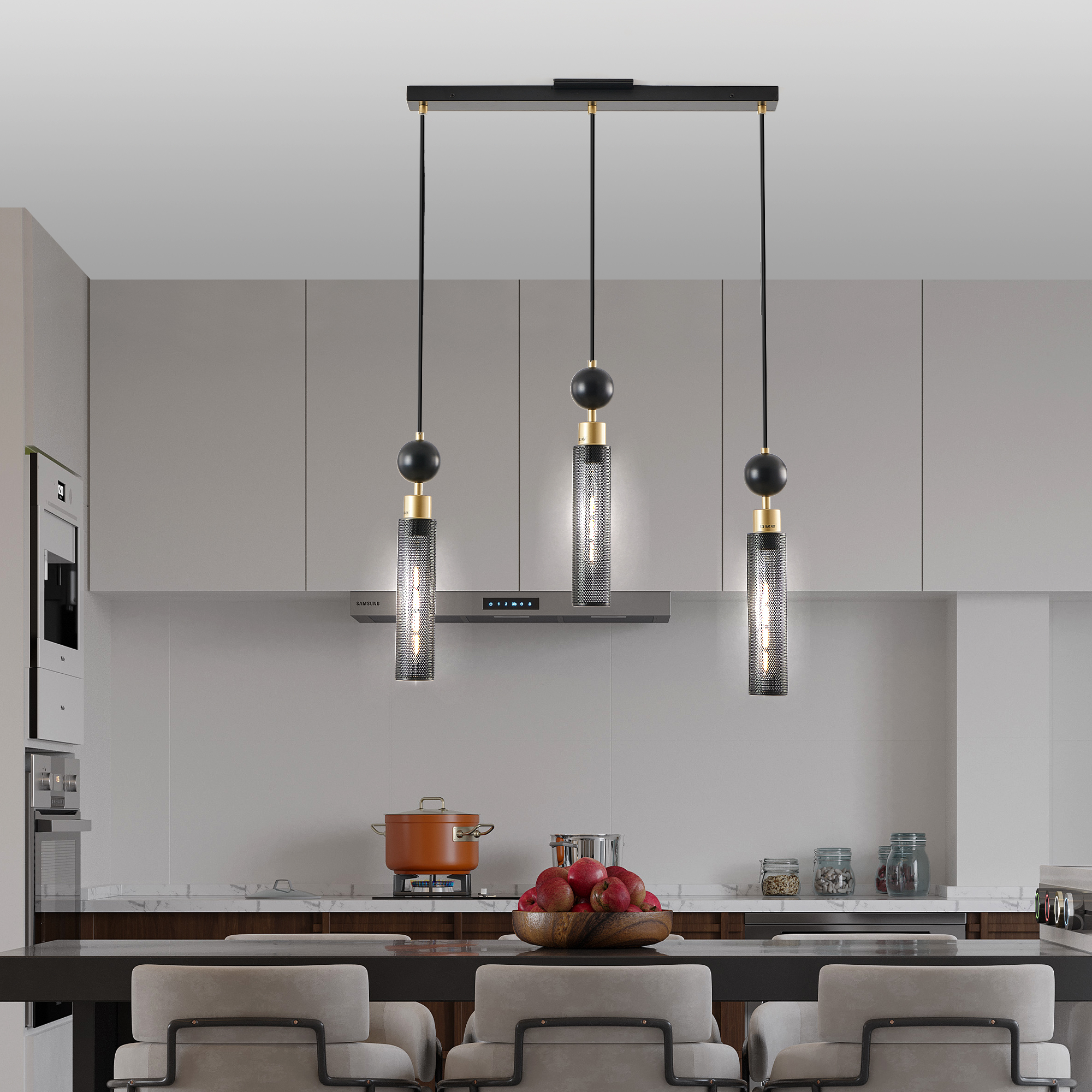 Anmytek 3 Light Modern Black and Gold Pendant Chandelier Adjustable Hanging Light with Cylindrical Mesh Shades E26 Base for Dining Room Kitchen Island Living Room Bulbs Not Included