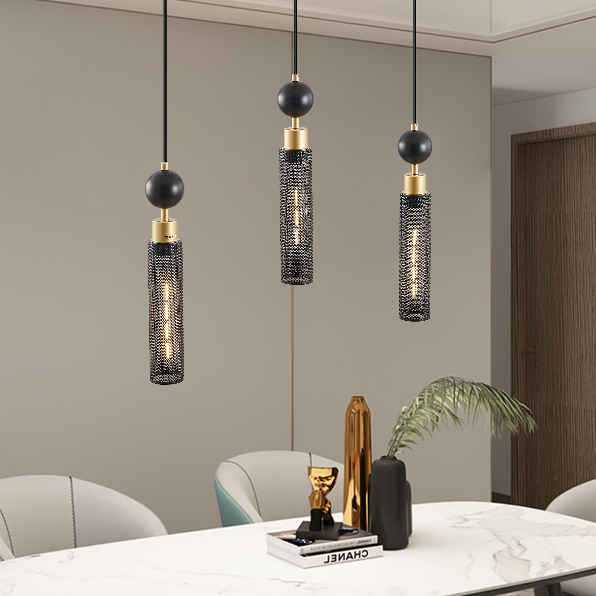 Anmytek 3 Light Modern Black and Gold Pendant Chandelier Adjustable Hanging Light with Cylindrical Mesh Shades E26 Base for Dining Room Kitchen Island Living Room Bulbs Not Included