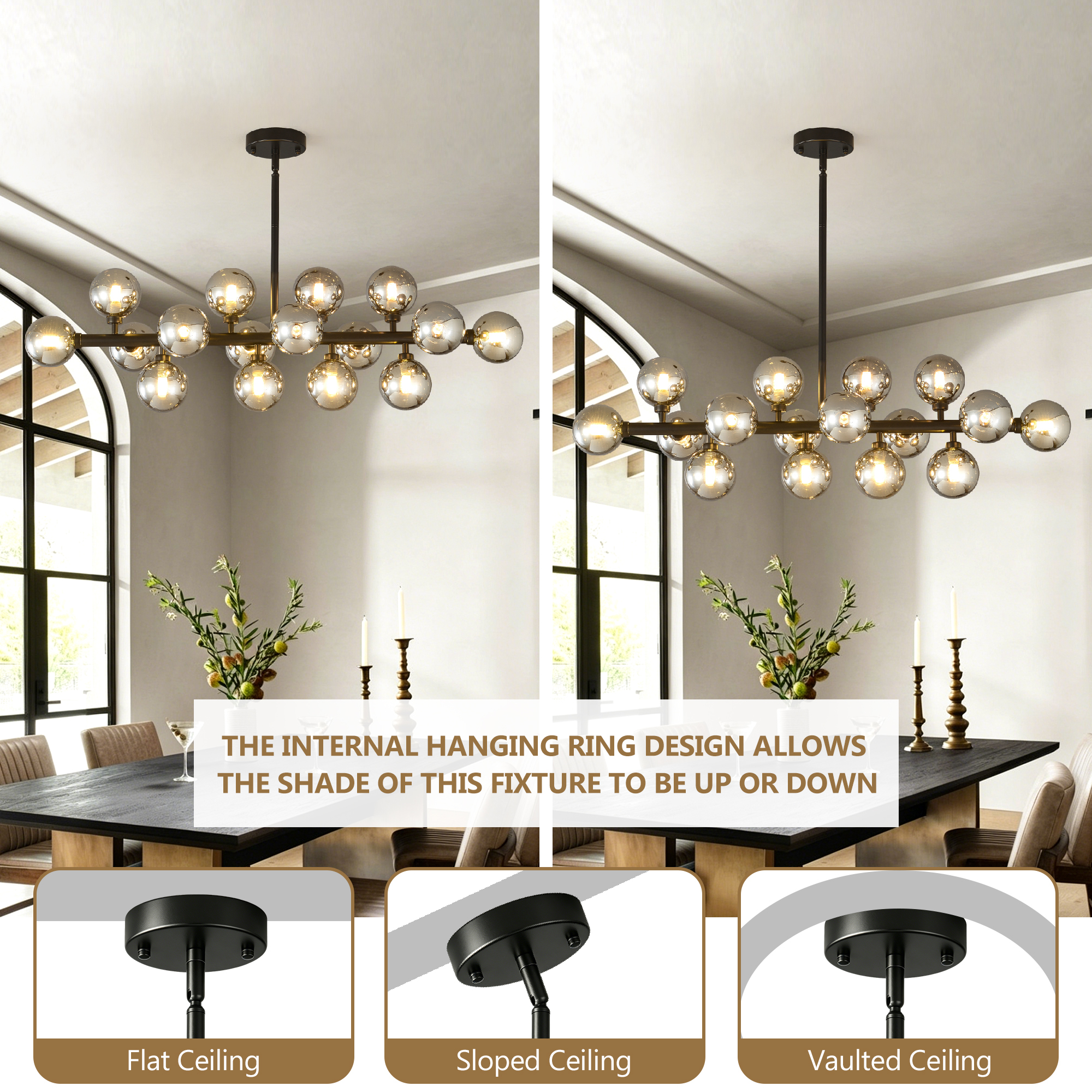 Anmytek 16 Light Modern Farmhouse Pendant Light Matte Black Smoke Grey Glass Shade Ceiling Hanging Fixture for Dining Room Kitchen Island Bulbs Not Included
