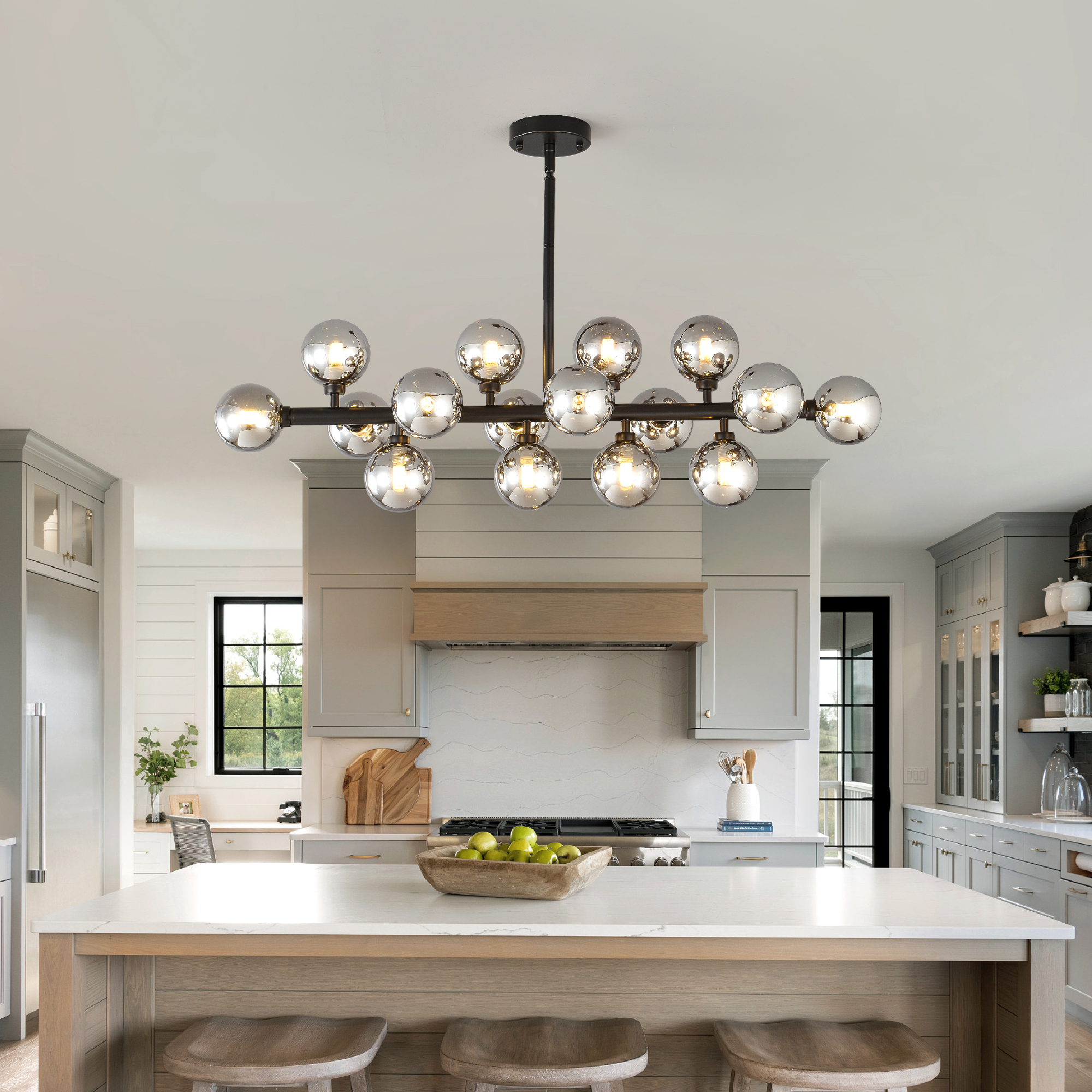 Anmytek 16 Light Modern Farmhouse Pendant Light Matte Black Smoke Grey Glass Shade Ceiling Hanging Fixture for Dining Room Kitchen Island Bulbs Not Included