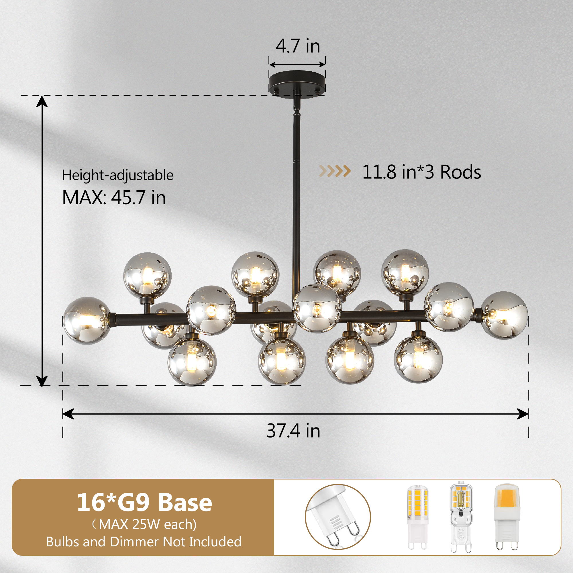 Anmytek 16 Light Modern Farmhouse Pendant Light Matte Black Smoke Grey Glass Shade Ceiling Hanging Fixture for Dining Room Kitchen Island Bulbs Not Included