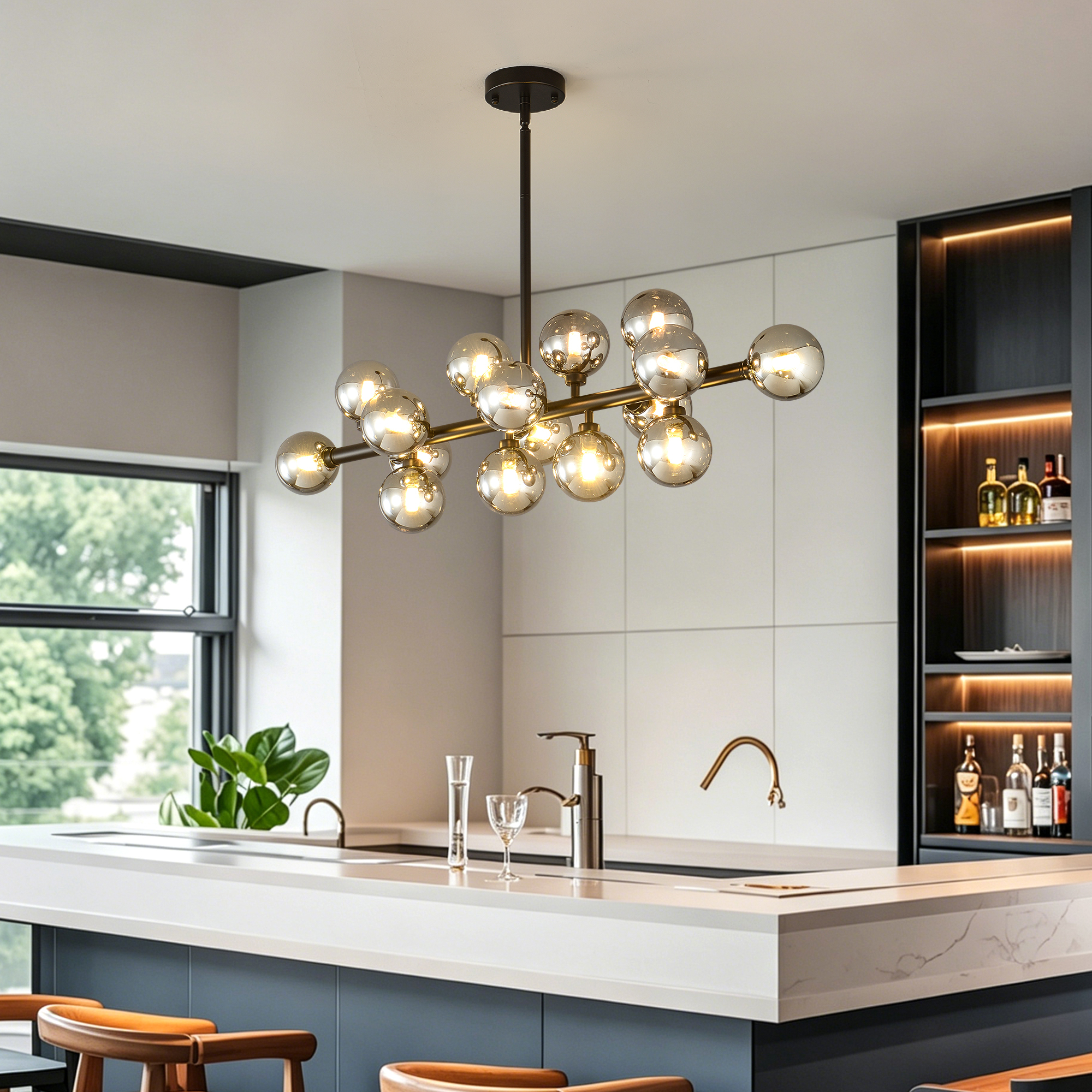 Anmytek 16 Light Modern Farmhouse Pendant Light Matte Black Smoke Grey Glass Shade Ceiling Hanging Fixture for Dining Room Kitchen Island Bulbs Not Included