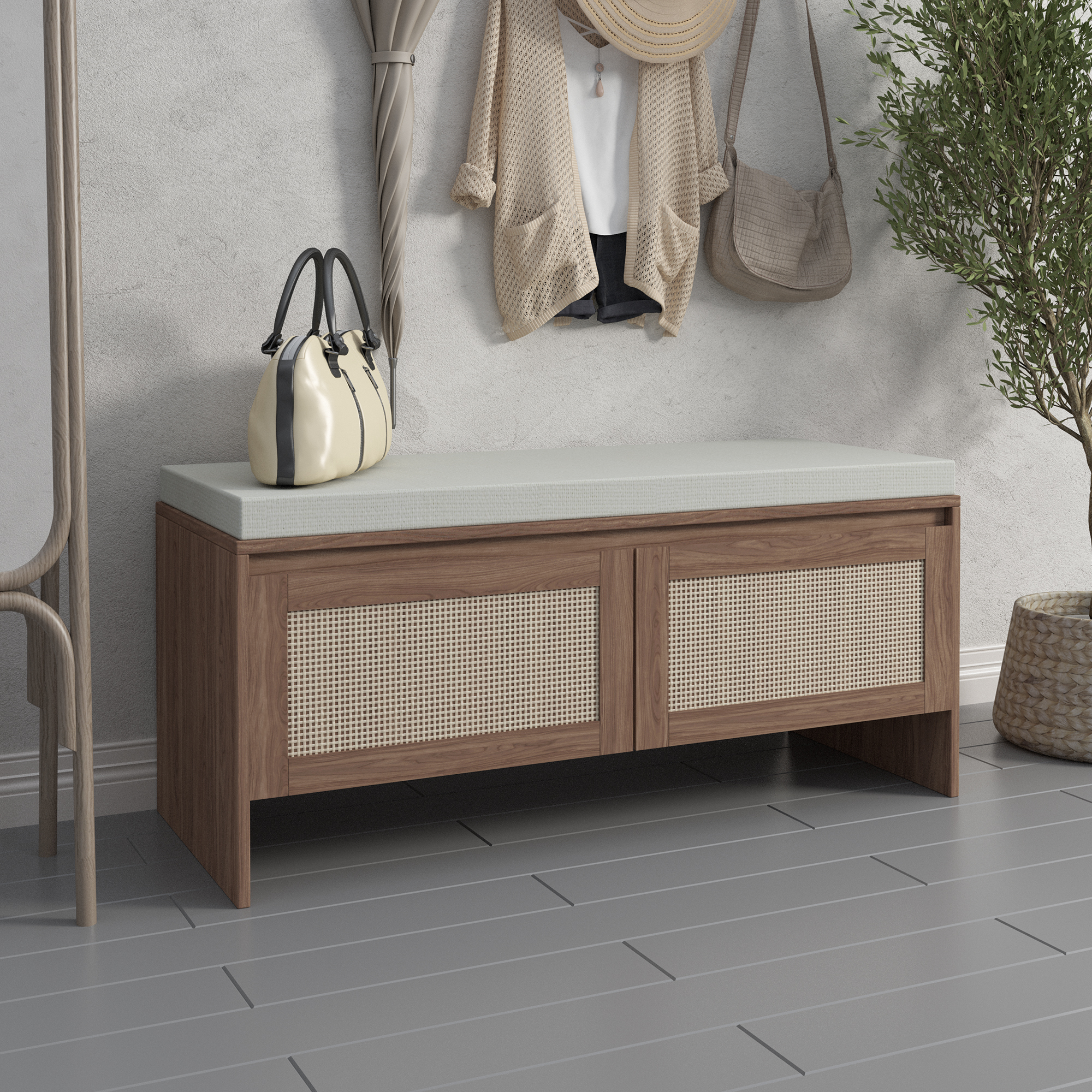 Anmytek PP Rattan Storage Bench with Cushion 2 Door Faux Rattan Shoe Cabinet Mid Century Modern Wood Entryway Seat Organizer for Bedroom Hallway Mudroom Natural Finish