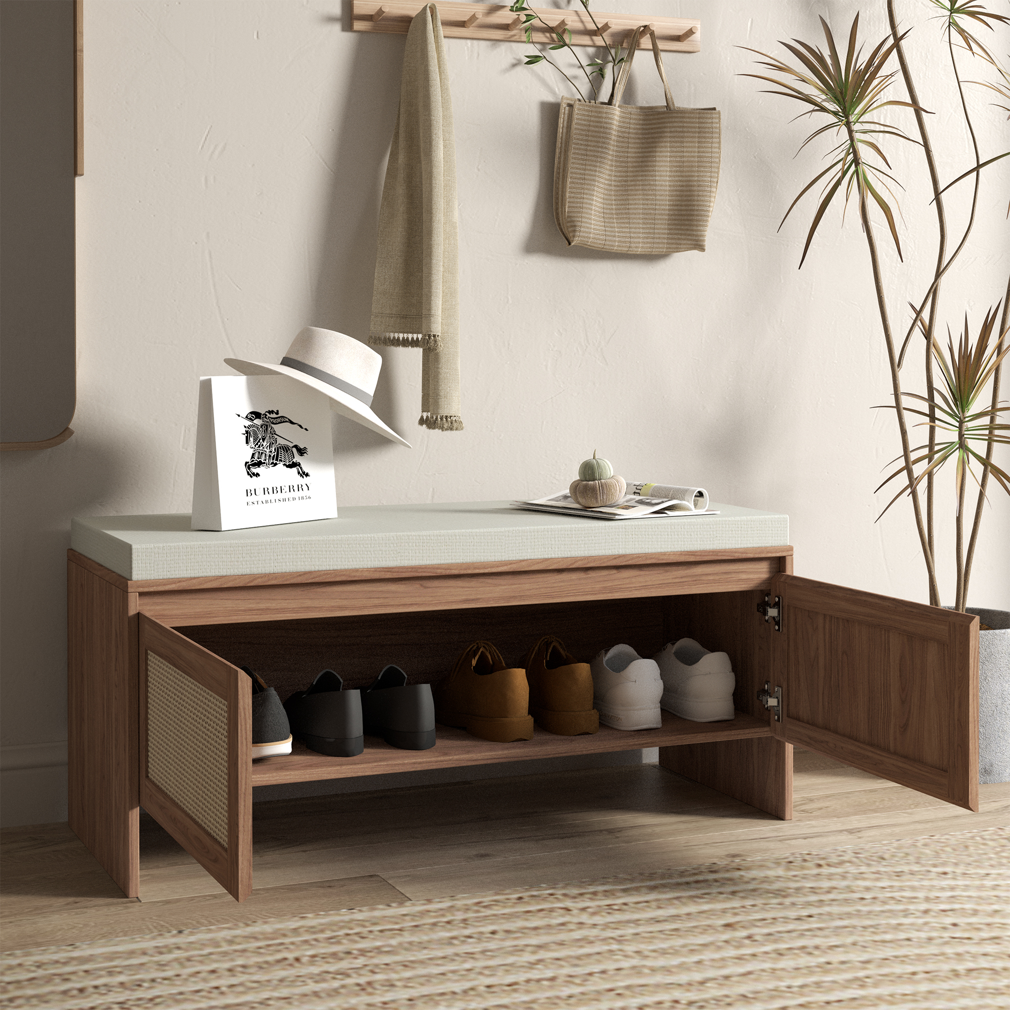 Anmytek PP Rattan Storage Bench with Cushion 2 Door Faux Rattan Shoe Cabinet Mid Century Modern Wood Entryway Seat Organizer for Bedroom Hallway Mudroom Natural Finish