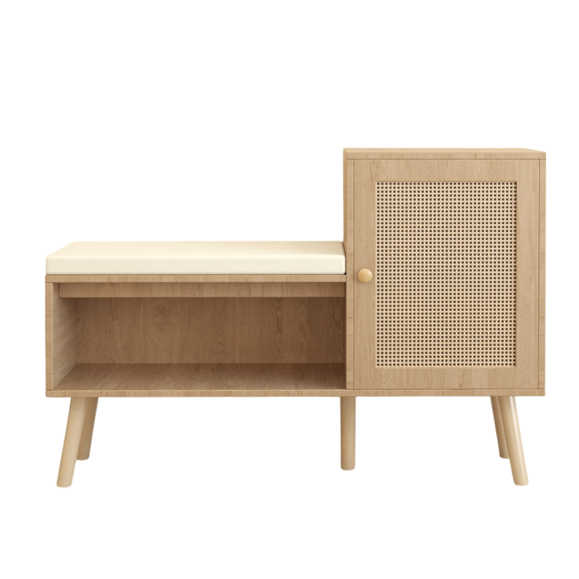 Anmytek 2 in 1 Shoe Storage Bench PP Rattan Shoe Cabinet with 2 Adjustable Shelves Removable Seat Cushion Modern Entryway Bench Shoe Rack Organizer for Hallway Bedroom
