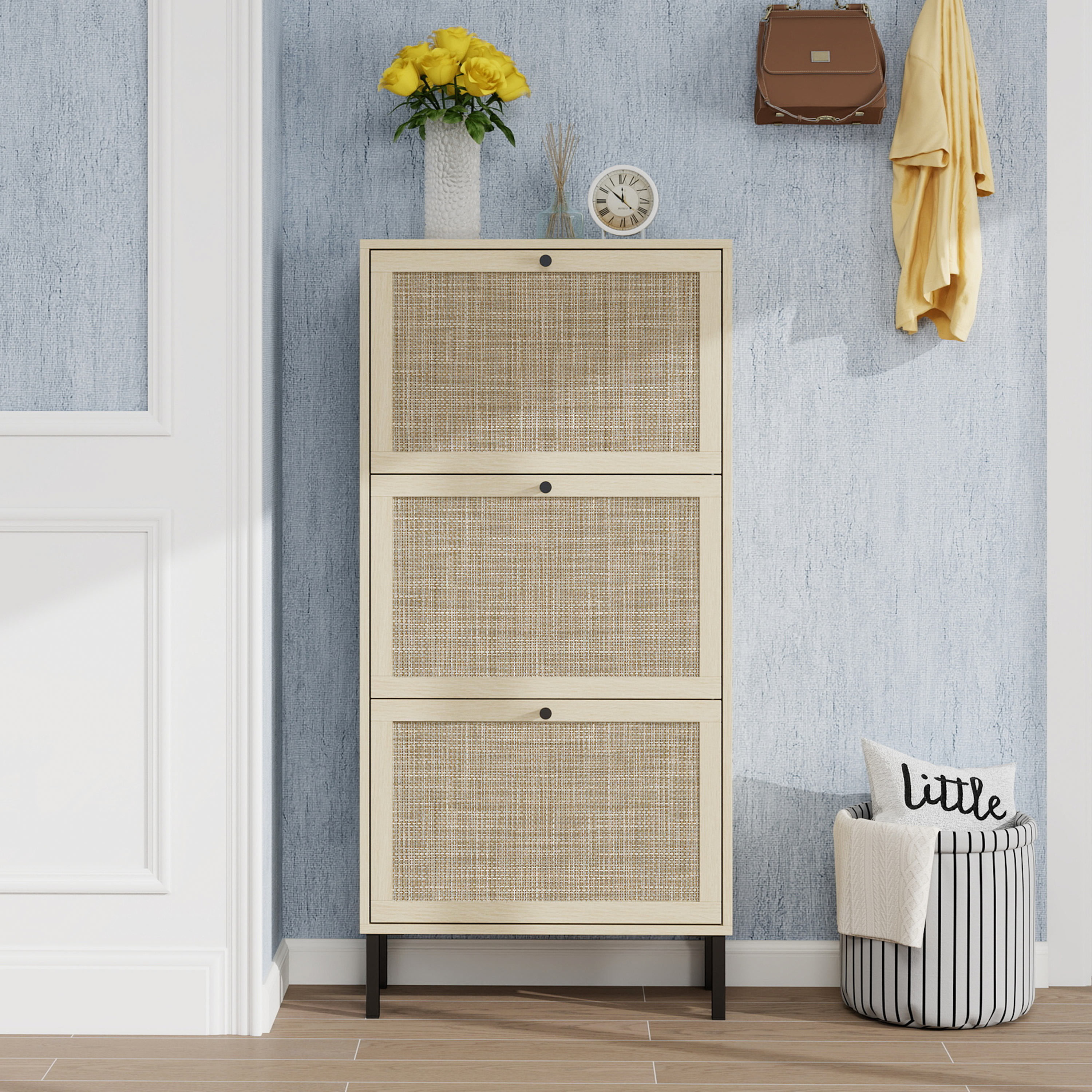 Anmytek Rattan 3 Door Freestanding Shoe Storage Cabinet Modern Shoe Rack Organizer for Entryway