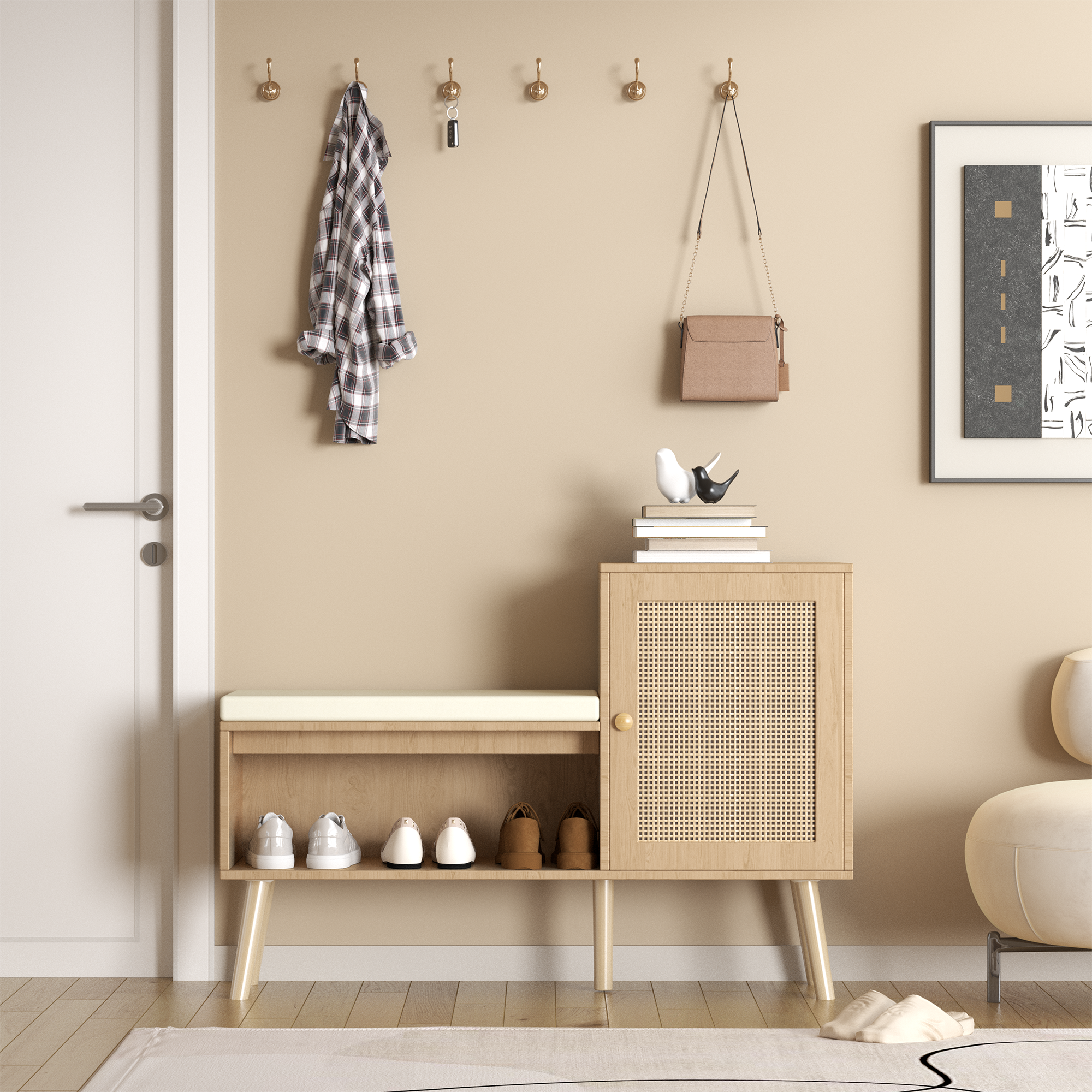 Anmytek 2 in 1 Shoe Storage Bench PP Rattan Shoe Cabinet with 2 Adjustable Shelves Removable Seat Cushion Modern Entryway Bench Shoe Rack Organizer for Hallway Bedroom