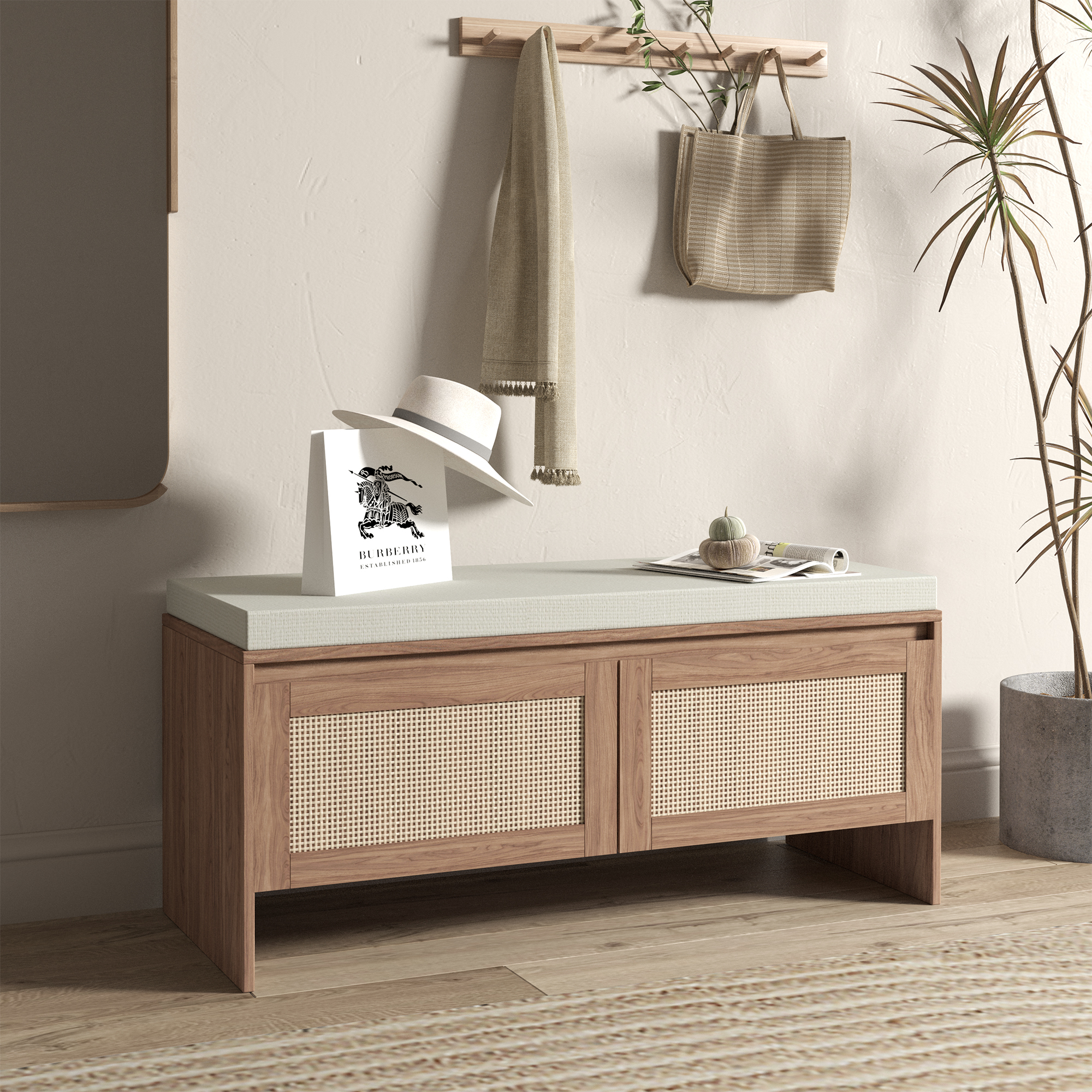 Anmytek PP Rattan Storage Bench with Cushion 2 Door Faux Rattan Shoe Cabinet Mid Century Modern Wood Entryway Seat Organizer for Bedroom Hallway Mudroom Natural Finish