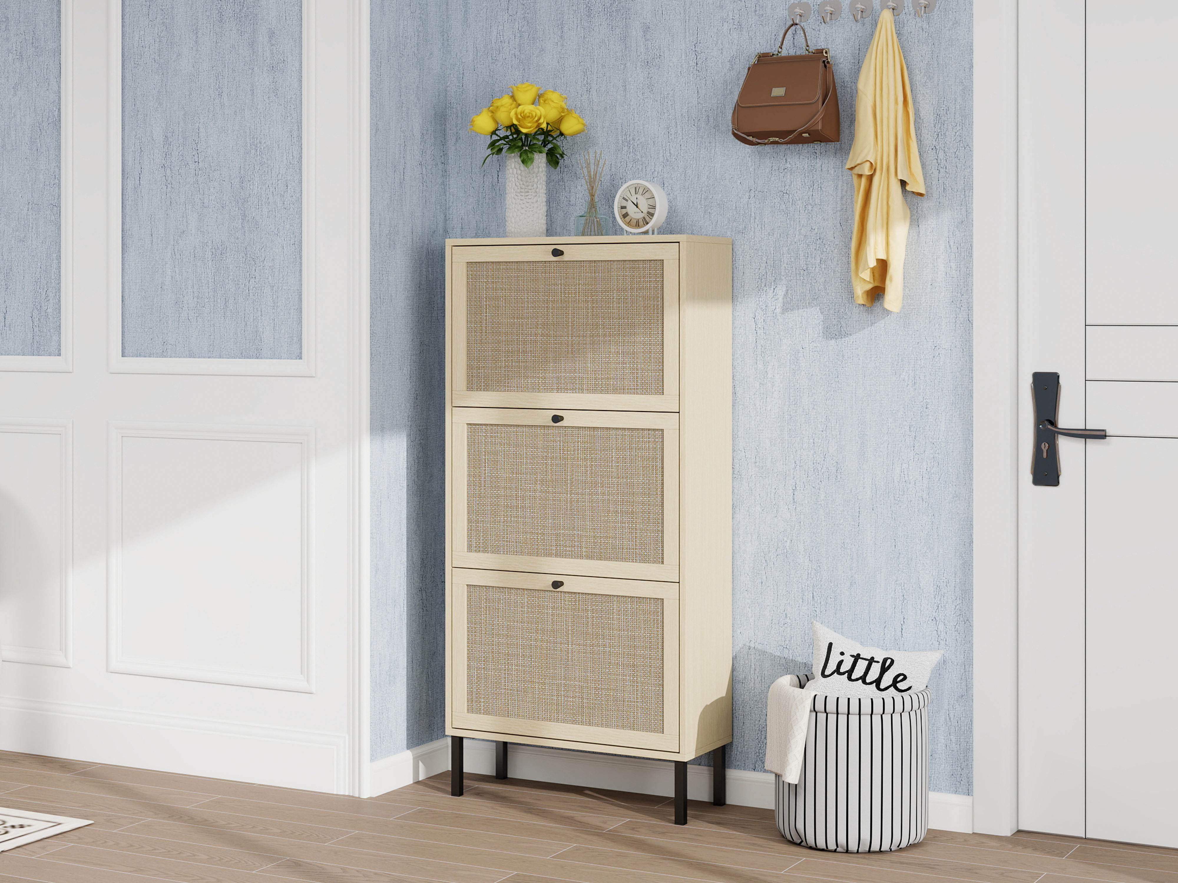 Anmytek Rattan 3 Door Freestanding Shoe Storage Cabinet Modern Shoe Rack Organizer for Entryway