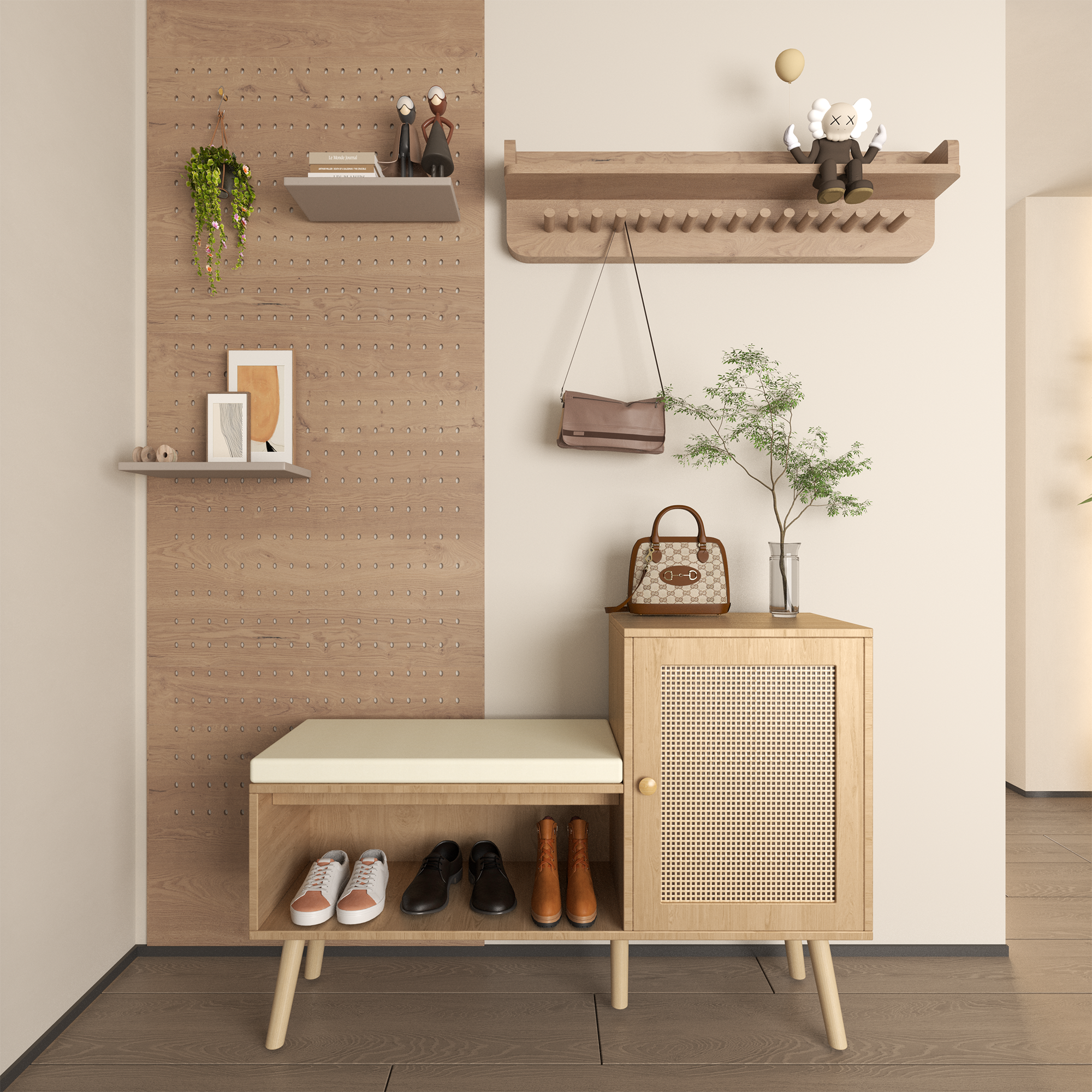 Anmytek 2 in 1 Shoe Storage Bench PP Rattan Shoe Cabinet with 2 Adjustable Shelves Removable Seat Cushion Modern Entryway Bench Shoe Rack Organizer for Hallway Bedroom