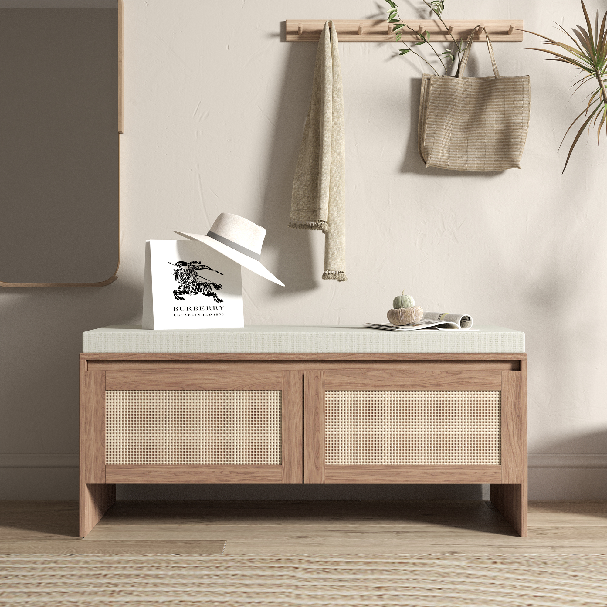 Anmytek PP Rattan Storage Bench with Cushion 2 Door Faux Rattan Shoe Cabinet Mid Century Modern Wood Entryway Seat Organizer for Bedroom Hallway Mudroom Natural Finish