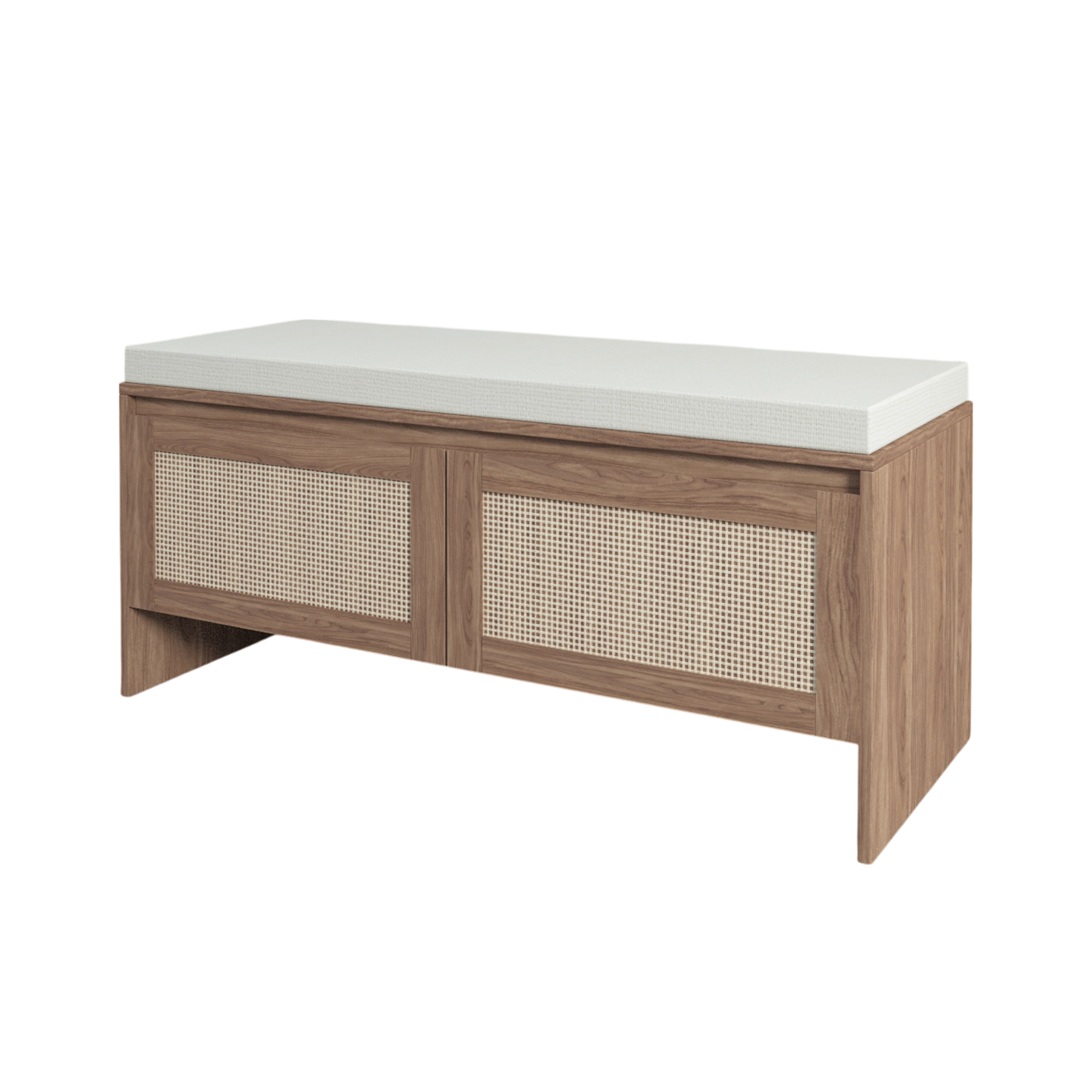 Anmytek PP Rattan Storage Bench with Cushion 2 Door Faux Rattan Shoe Cabinet Mid Century Modern Wood Entryway Seat Organizer for Bedroom Hallway Mudroom Natural Finish