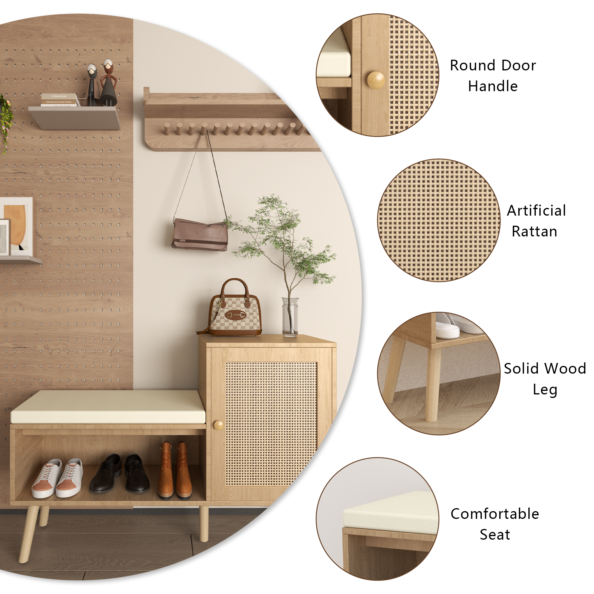 Anmytek 2 in 1 Shoe Storage Bench PP Rattan Shoe Cabinet with 2 Adjustable Shelves Removable Seat Cushion Modern Entryway Bench Shoe Rack Organizer for Hallway Bedroom