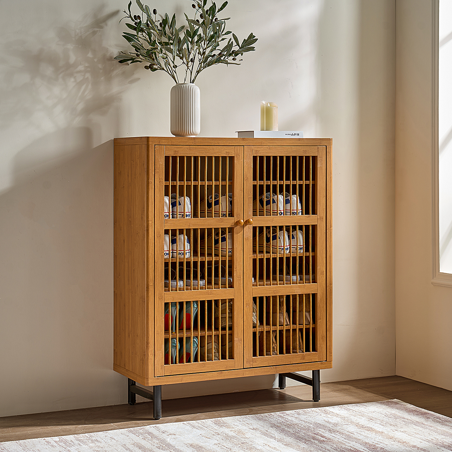 Anmytek 6 Tier Shoe Cabinet with Shutter Doors Modern Wooden Shoe Rack Organizer with Adjustable Shelves for Entryway Hallway Closet Living Room Walnut