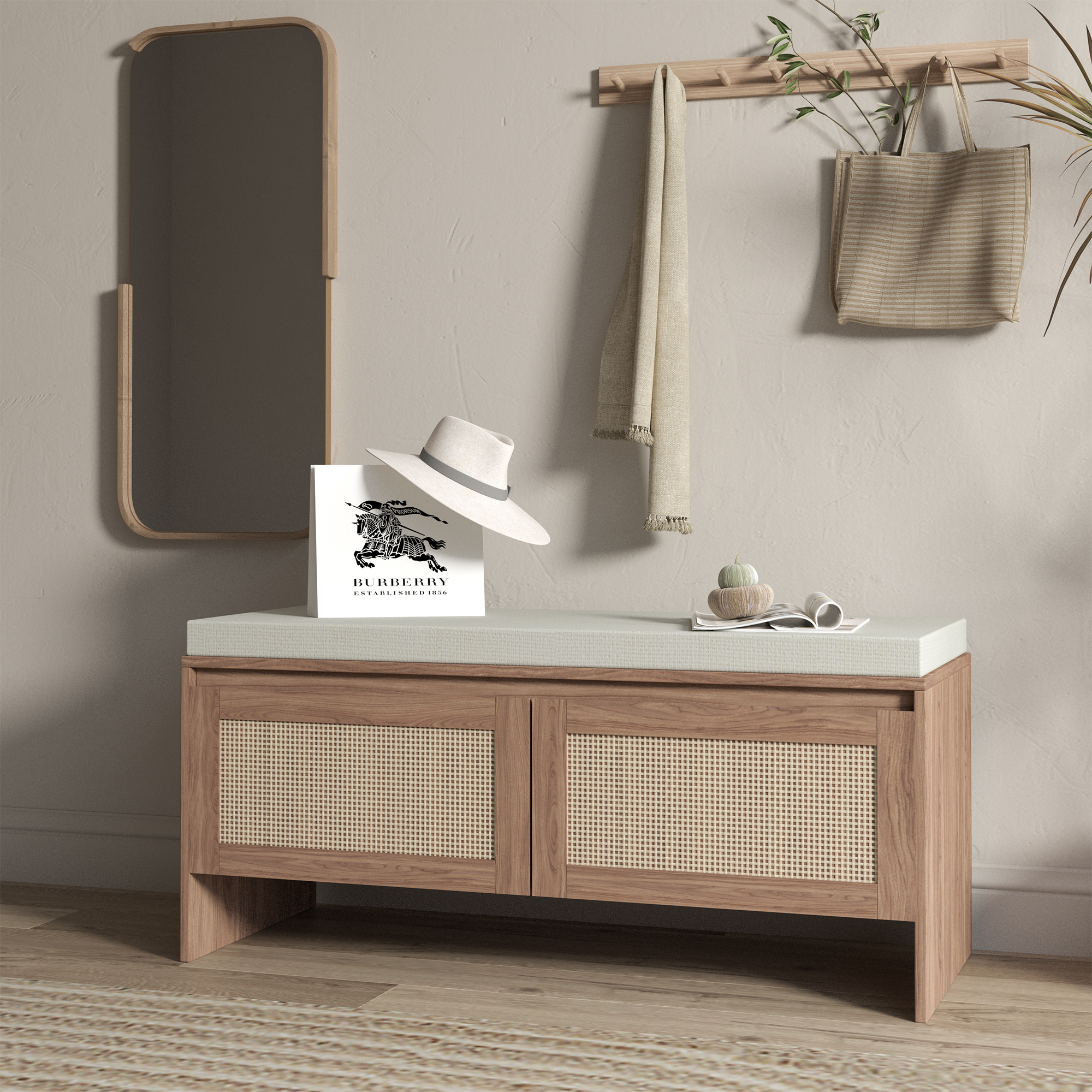 Anmytek PP Rattan Storage Bench with Cushion 2 Door Faux Rattan Shoe Cabinet Mid Century Modern Wood Entryway Seat Organizer for Bedroom Hallway Mudroom Natural Finish