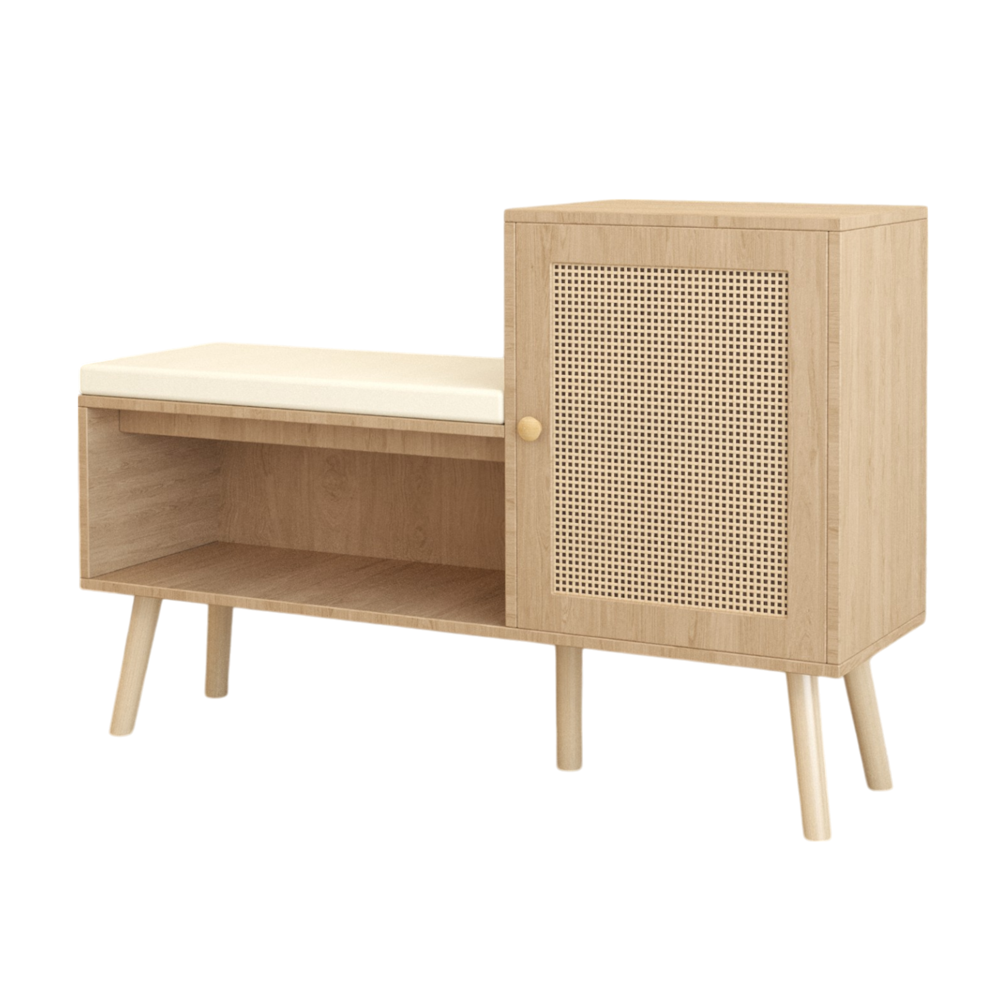 Anmytek 2 in 1 Shoe Storage Bench PP Rattan Shoe Cabinet with 2 Adjustable Shelves Removable Seat Cushion Modern Entryway Bench Shoe Rack Organizer for Hallway Bedroom