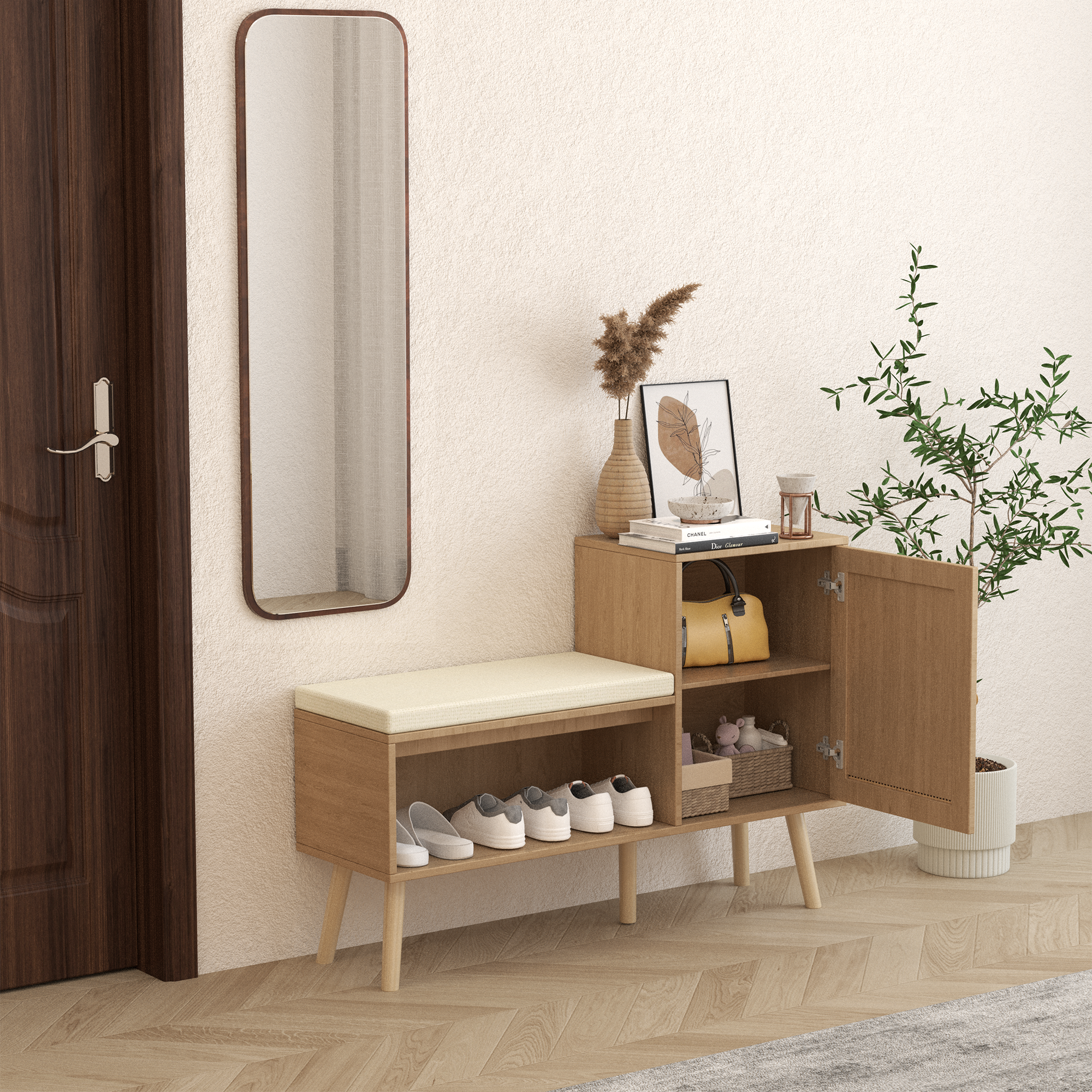 Anmytek 2 in 1 Shoe Storage Bench PP Rattan Shoe Cabinet with 2 Adjustable Shelves Removable Seat Cushion Modern Entryway Bench Shoe Rack Organizer for Hallway Bedroom