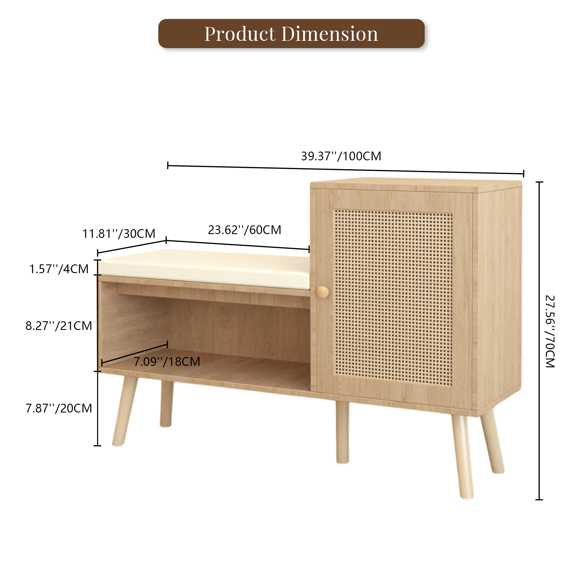 Anmytek 2 in 1 Shoe Storage Bench PP Rattan Shoe Cabinet with 2 Adjustable Shelves Removable Seat Cushion Modern Entryway Bench Shoe Rack Organizer for Hallway Bedroom