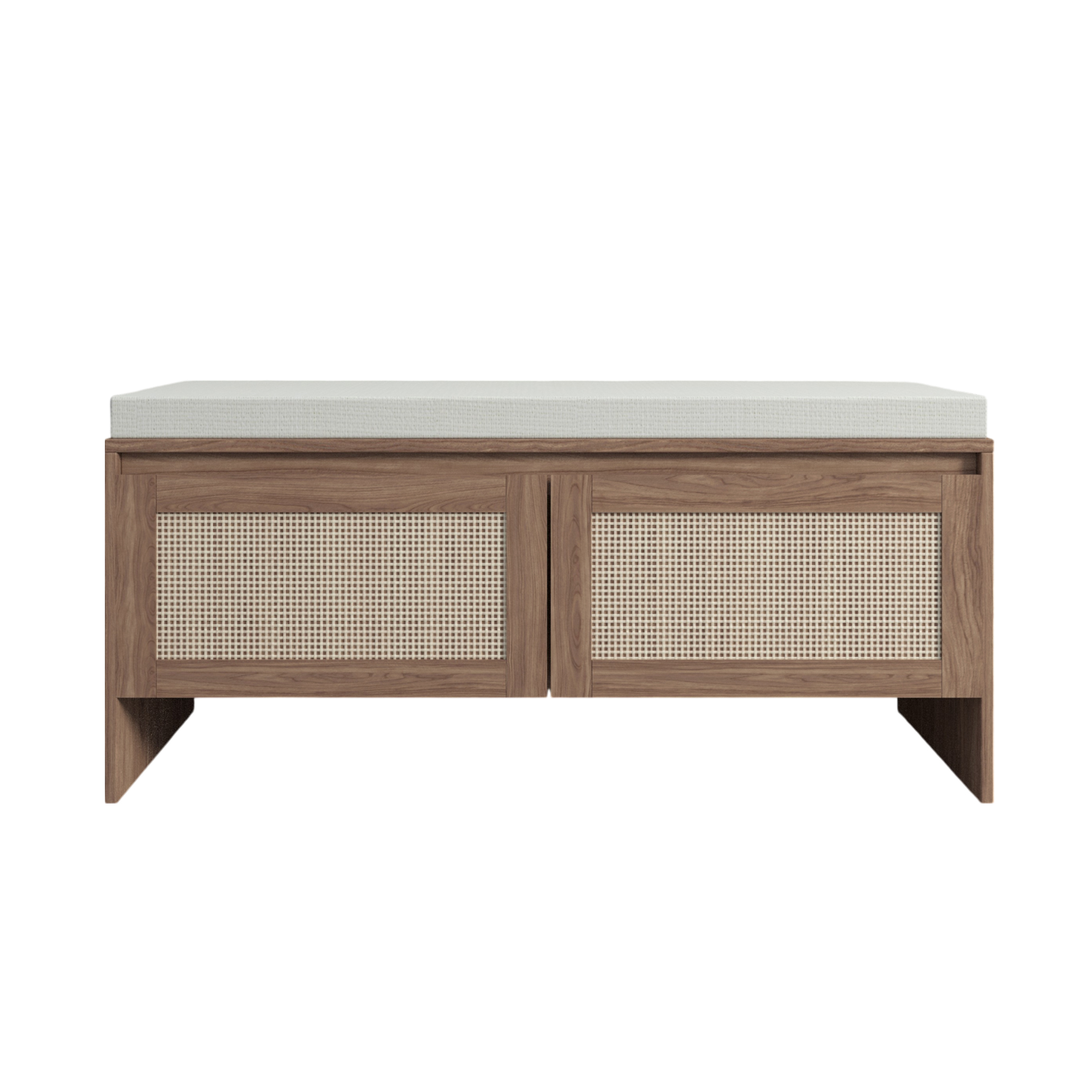 Anmytek PP Rattan Storage Bench with Cushion 2 Door Faux Rattan Shoe Cabinet Mid Century Modern Wood Entryway Seat Organizer for Bedroom Hallway Mudroom Natural Finish