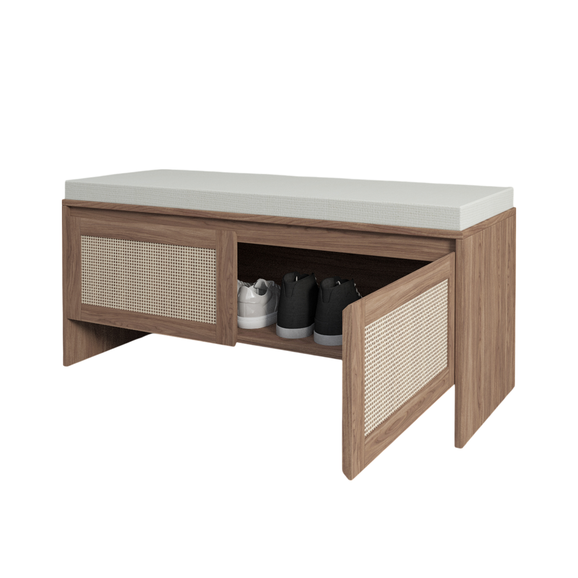 Anmytek PP Rattan Storage Bench with Cushion 2 Door Faux Rattan Shoe Cabinet Mid Century Modern Wood Entryway Seat Organizer for Bedroom Hallway Mudroom Natural Finish