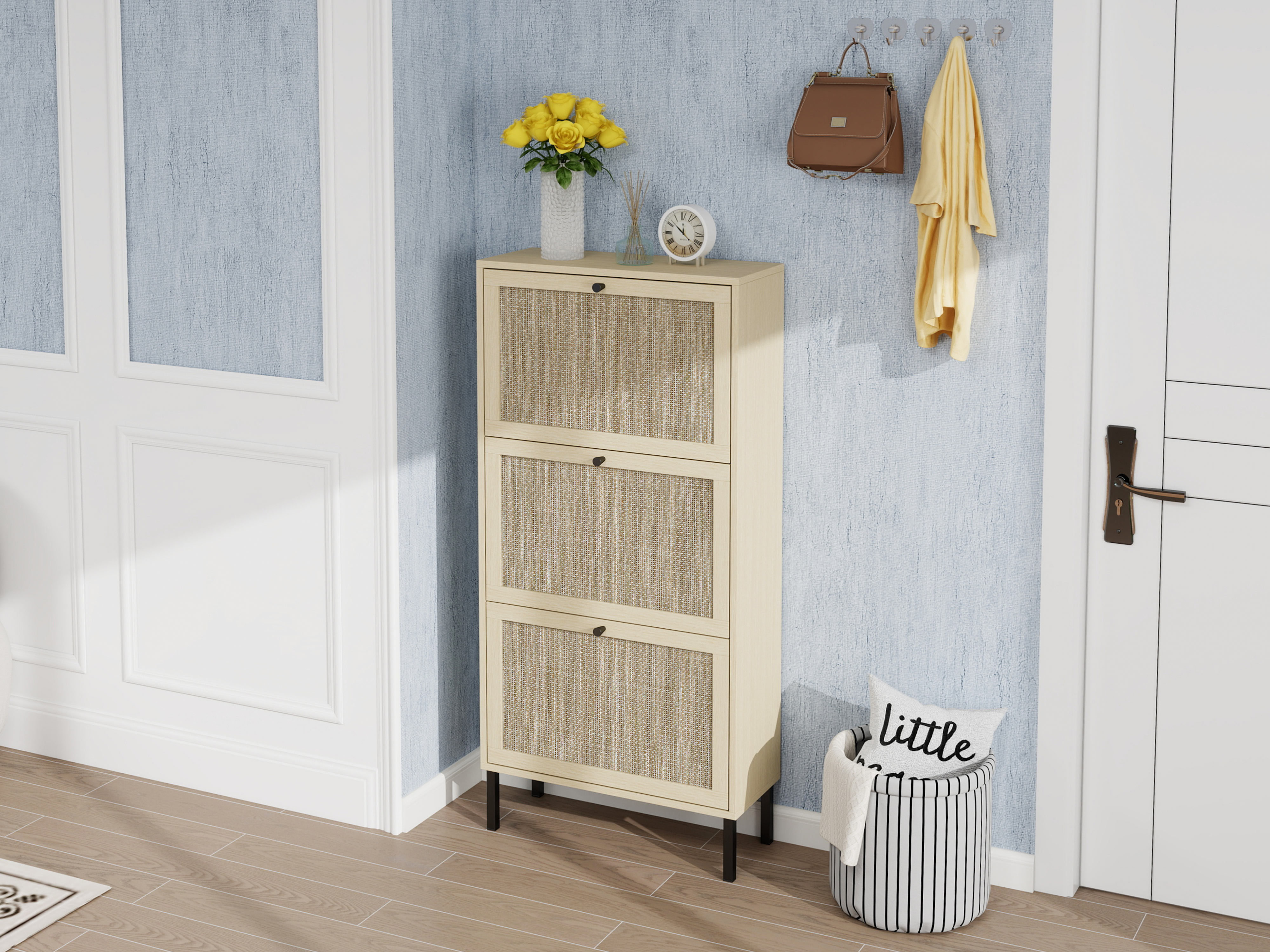 Anmytek Rattan 3 Door Freestanding Shoe Storage Cabinet Modern Shoe Rack Organizer for Entryway