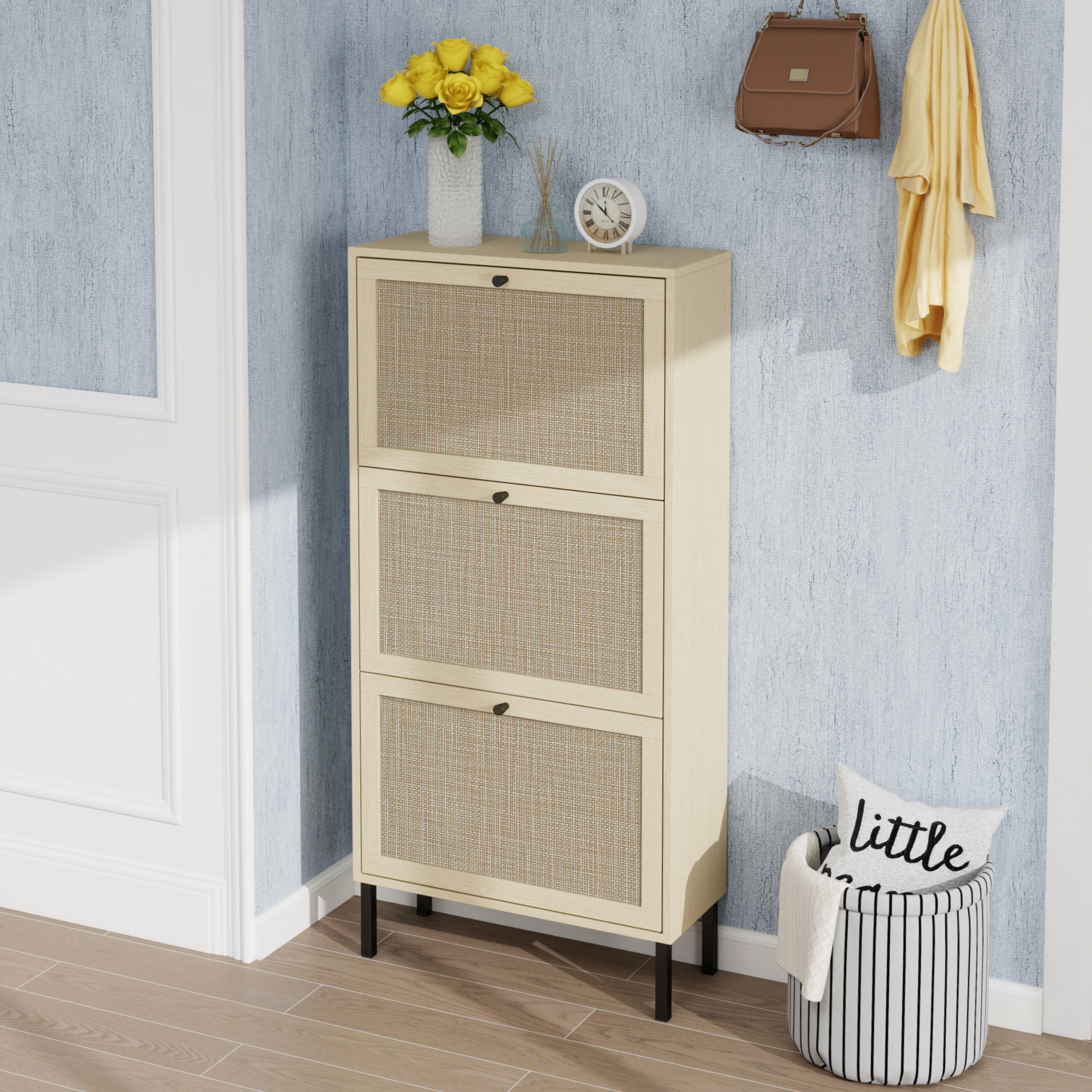 Anmytek Rattan 3 Door Freestanding Shoe Storage Cabinet Modern Shoe Rack Organizer for Entryway