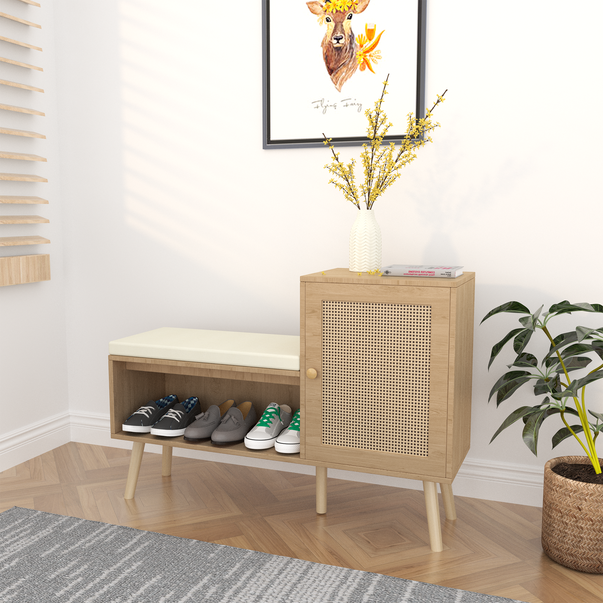 Anmytek 2 in 1 Shoe Storage Bench PP Rattan Shoe Cabinet with 2 Adjustable Shelves Removable Seat Cushion Modern Entryway Bench Shoe Rack Organizer for Hallway Bedroom