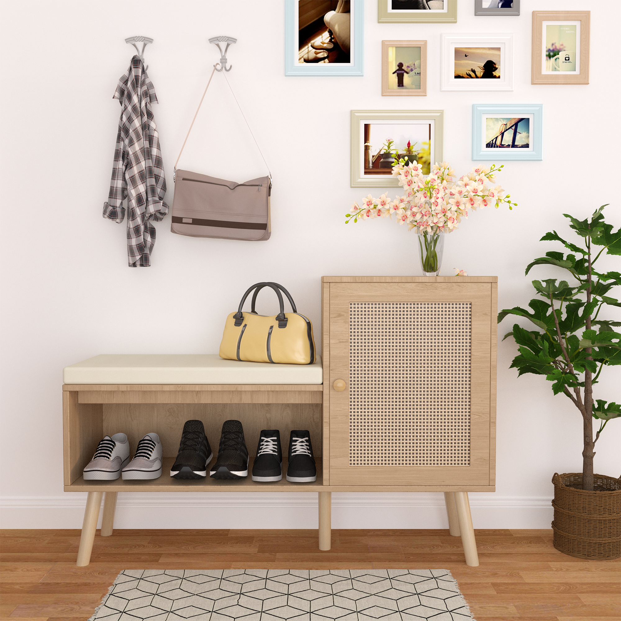 Anmytek 2 in 1 Shoe Storage Bench PP Rattan Shoe Cabinet with 2 Adjustable Shelves Removable Seat Cushion Modern Entryway Bench Shoe Rack Organizer for Hallway Bedroom