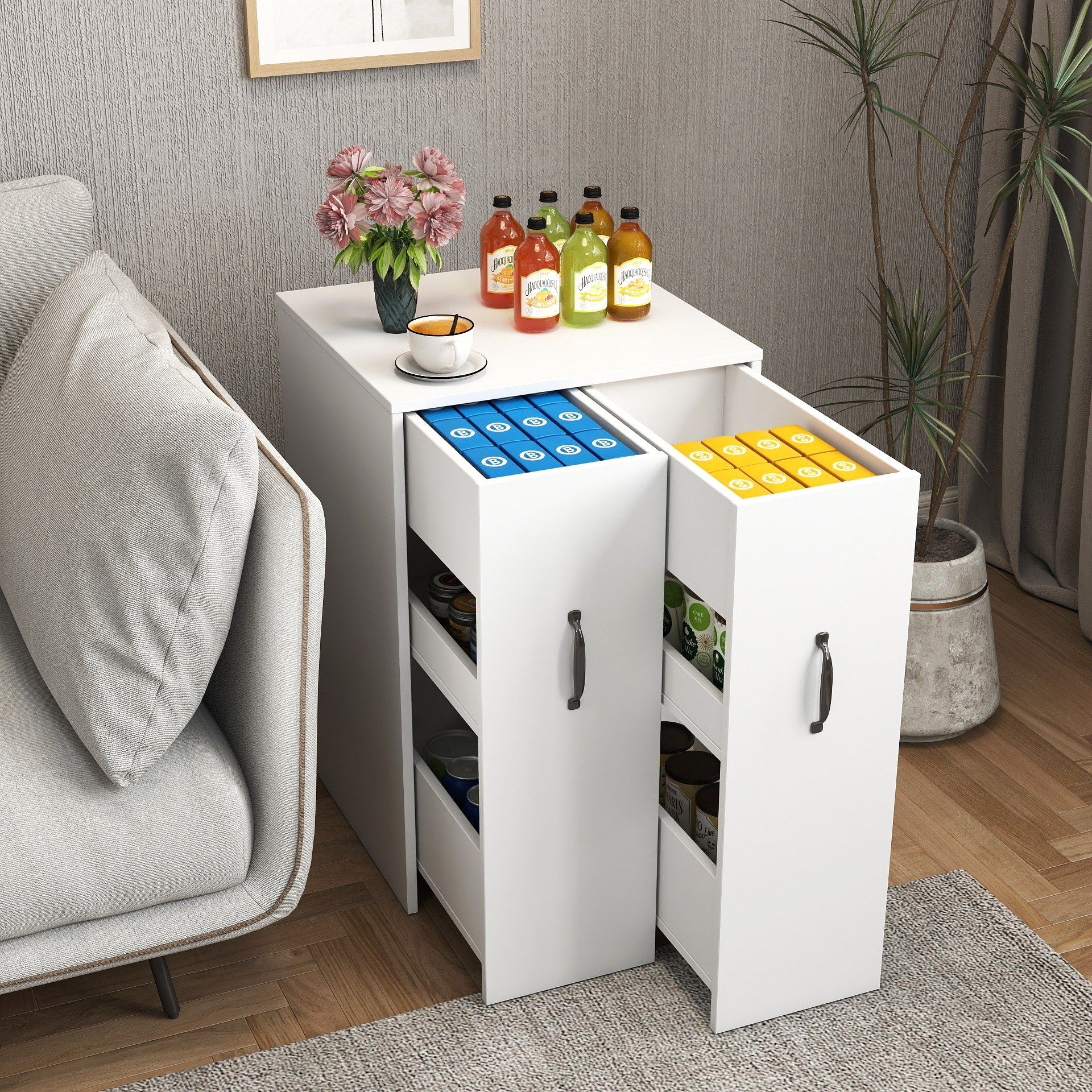 Anmytek 3 Tier Wooden Floor Standing Bookcase Pull Out Mobile File Cabinet With Wheels Slide Out Drawer Dustproof Storage Cabinet With Door for Office Bedroom Living Room