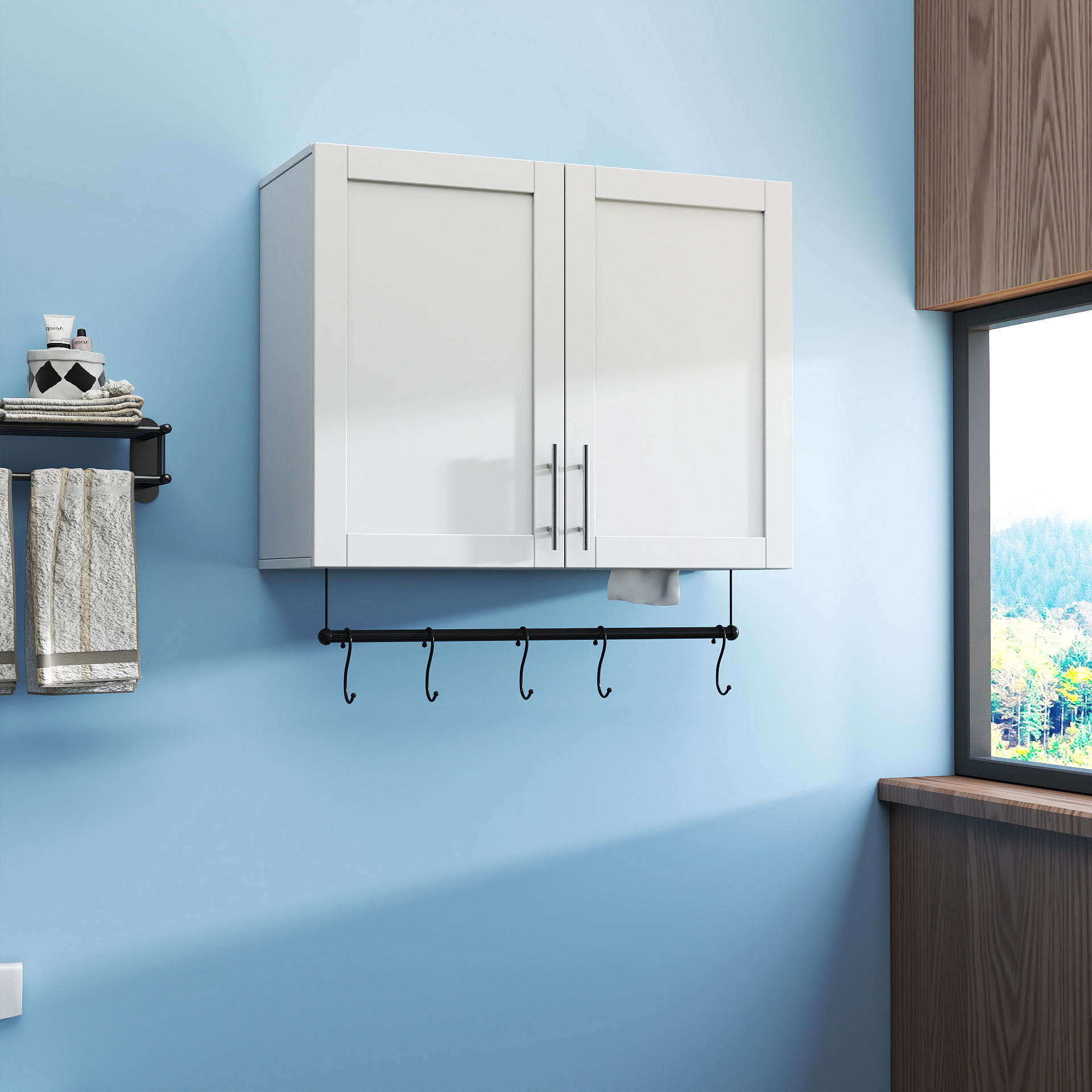 Anmytek Bathroom Wall Cabinet Over The Toilet Storage Cabinet With Adjustable Shelf Towel Bar And 5 Hooks White For Bathroom Kitchen