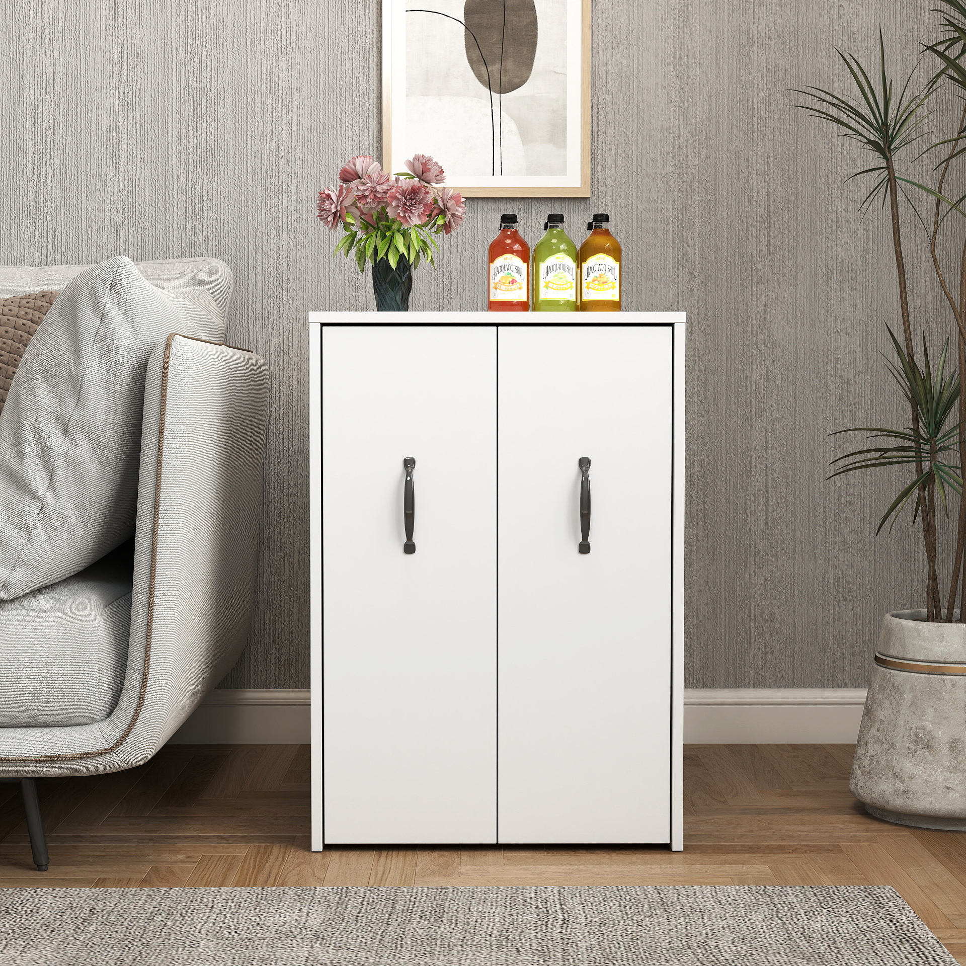 Anmytek 3 Tier Wooden Floor Standing Bookcase Pull Out Mobile File Cabinet With Wheels Slide Out Drawer Dustproof Storage Cabinet With Door for Office Bedroom Living Room