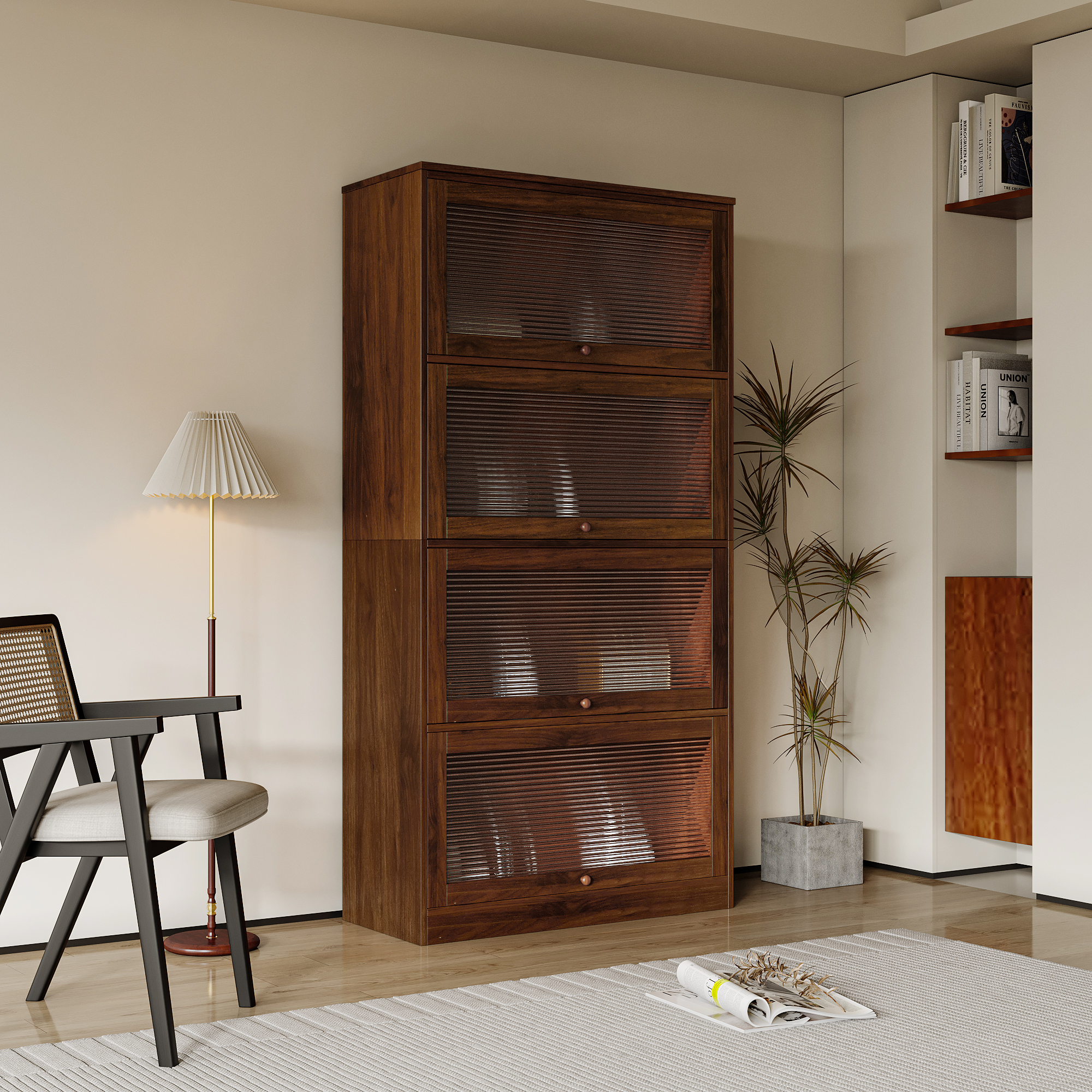 Anmytek Contemporary Dustproof Bookcase Closed Back Glass Door Freestanding Storage Cabinet Against Wall for Home Office