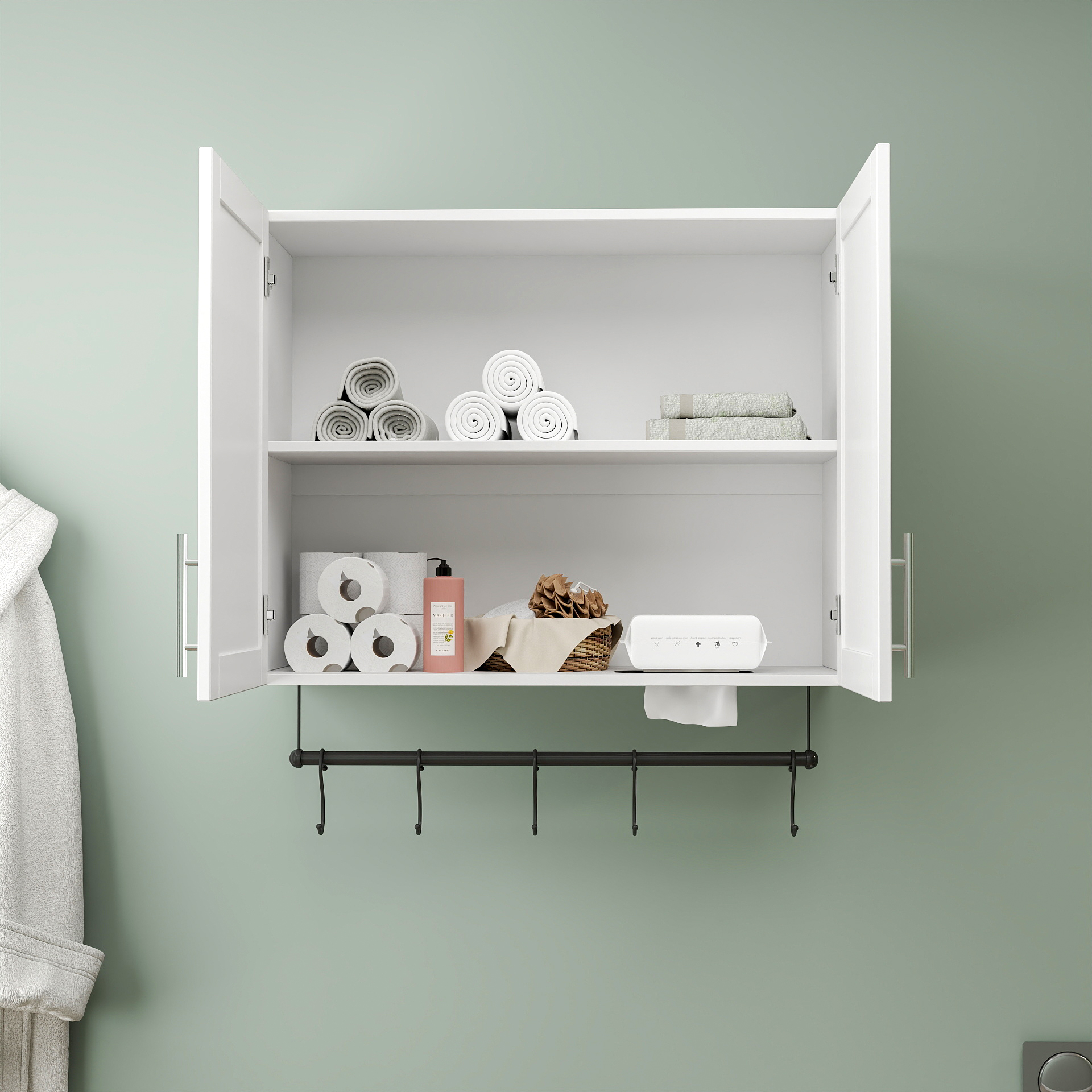 Anmytek Bathroom Wall Cabinet Over The Toilet Storage Cabinet With Adjustable Shelf Towel Bar And 5 Hooks White For Bathroom Kitchen