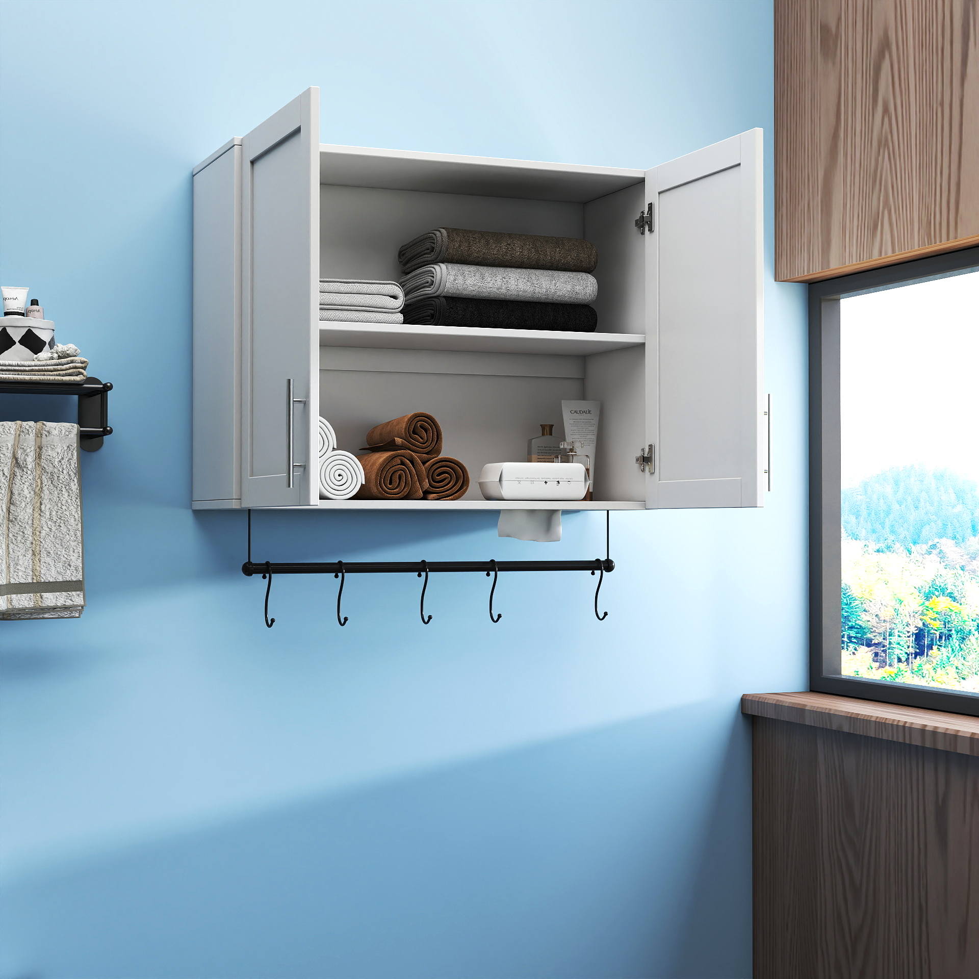 Anmytek Bathroom Wall Cabinet Over The Toilet Storage Cabinet With Adjustable Shelf Towel Bar And 5 Hooks White For Bathroom Kitchen