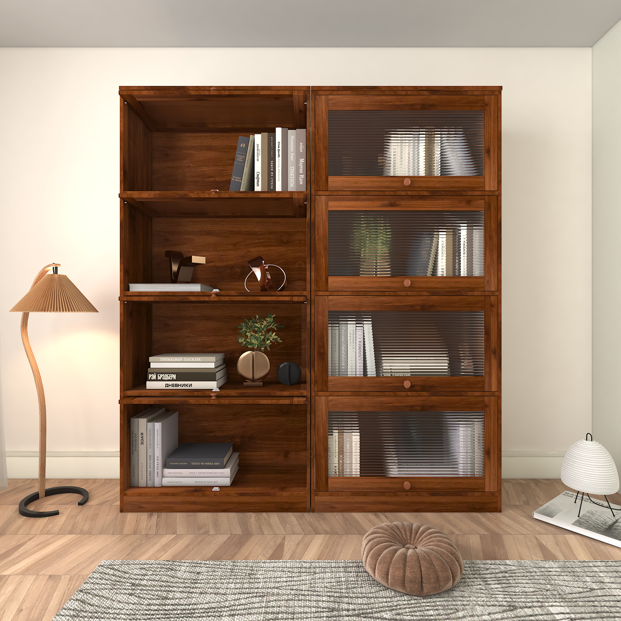 Anmytek Contemporary Dustproof Bookcase Closed Back Glass Door Freestanding Storage Cabinet Against Wall for Home Office