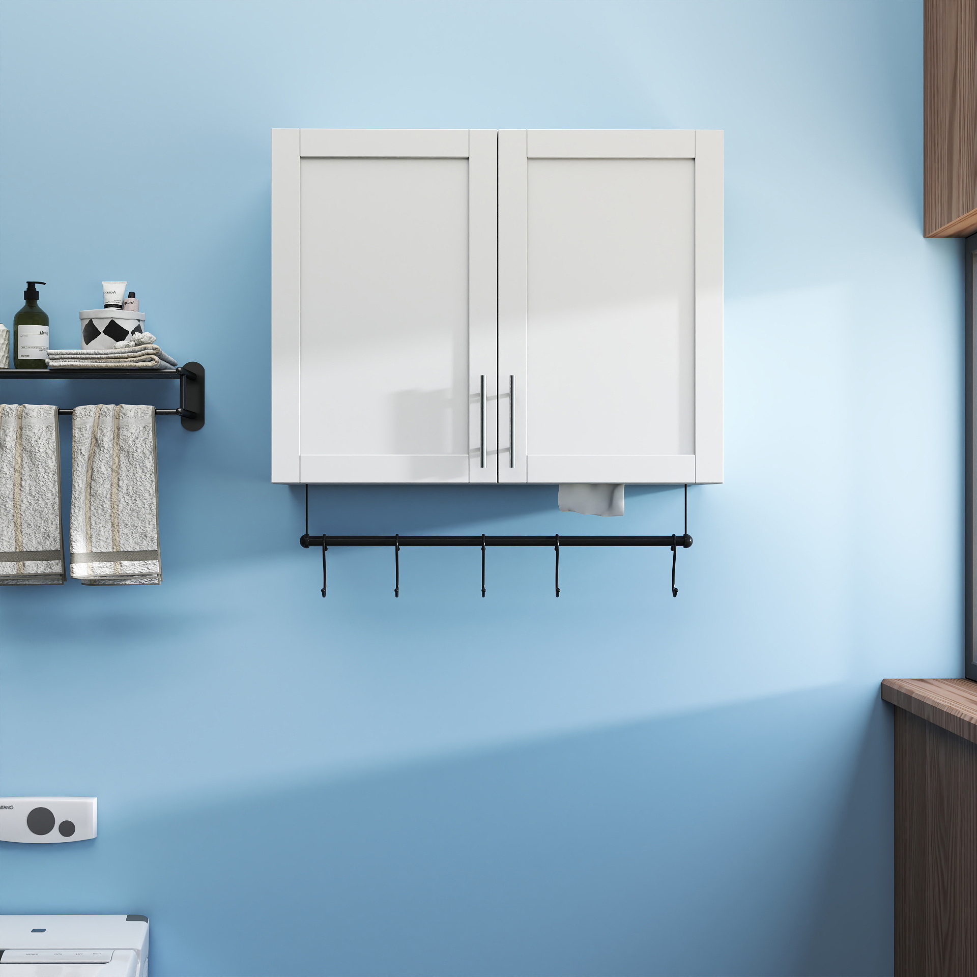 Anmytek Bathroom Wall Cabinet Over The Toilet Storage Cabinet With Adjustable Shelf Towel Bar And 5 Hooks White For Bathroom Kitchen